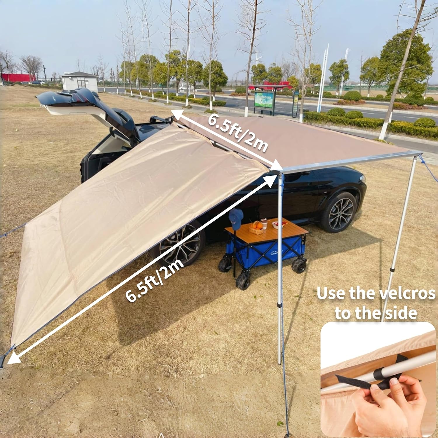 DANCHEL OUTDOOR Portable Car Awning with Side Wall for Overlanding Camping, Waterproof Vehicle Roof Rack Awning Truck with Extension Canopy Sun Shelter(Khaki, 4.9x6.5ft+1pcs 6.5x6.5 Side)