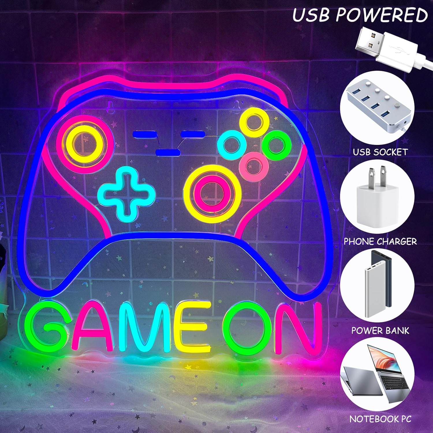 Gamer Neon Sign 14.5'' x 13'' Big Dimmable Game On Neon Light Colorful Game Controller Light Up Sign USB-Powered Gamepad Gaming LED Sign for Teens Boys Bedroom Men Caves Kids Home Party Wall Decor - Image 6
