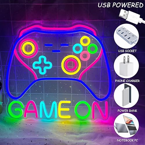 Miniatura 6 de Letrero de neón de 14.5 x 13 pulgadas, grande, regulable, juego en luz de neón, colorido, controlador de juego, señal de luz LED alimentada por USB,