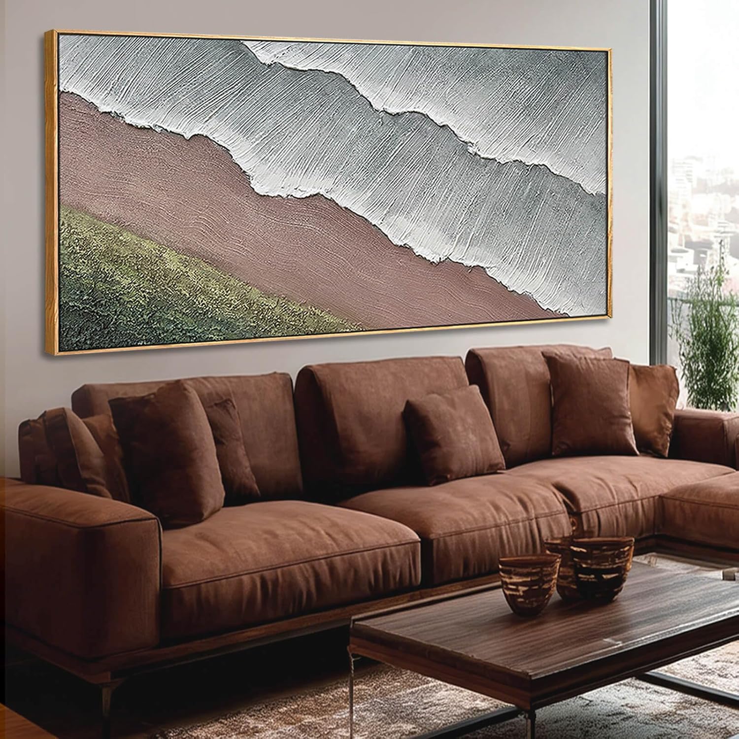 Blue and Brown Coastal Seascape Wall Picture 29x58 Inch, Large Framed Canvas Artwork with Wooden Frame, Modern Ocean Wave Home Decoration for Bedroom Dining Room or Hallway - Image 2