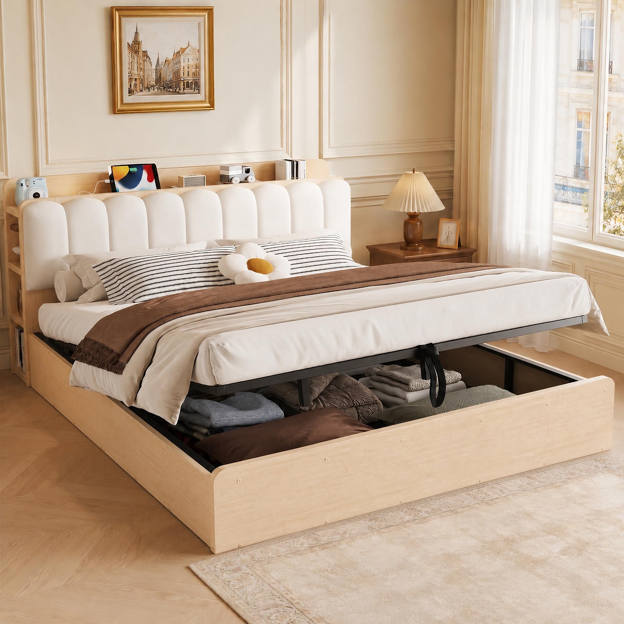 Cama Canapé 180x200 con Almacenamiento Integrado Cama Tapizada con Somier de Lamas Double Bed con Cabecero y Compartimentos Estructura de Madera con Elevación Hidráulica Estudio