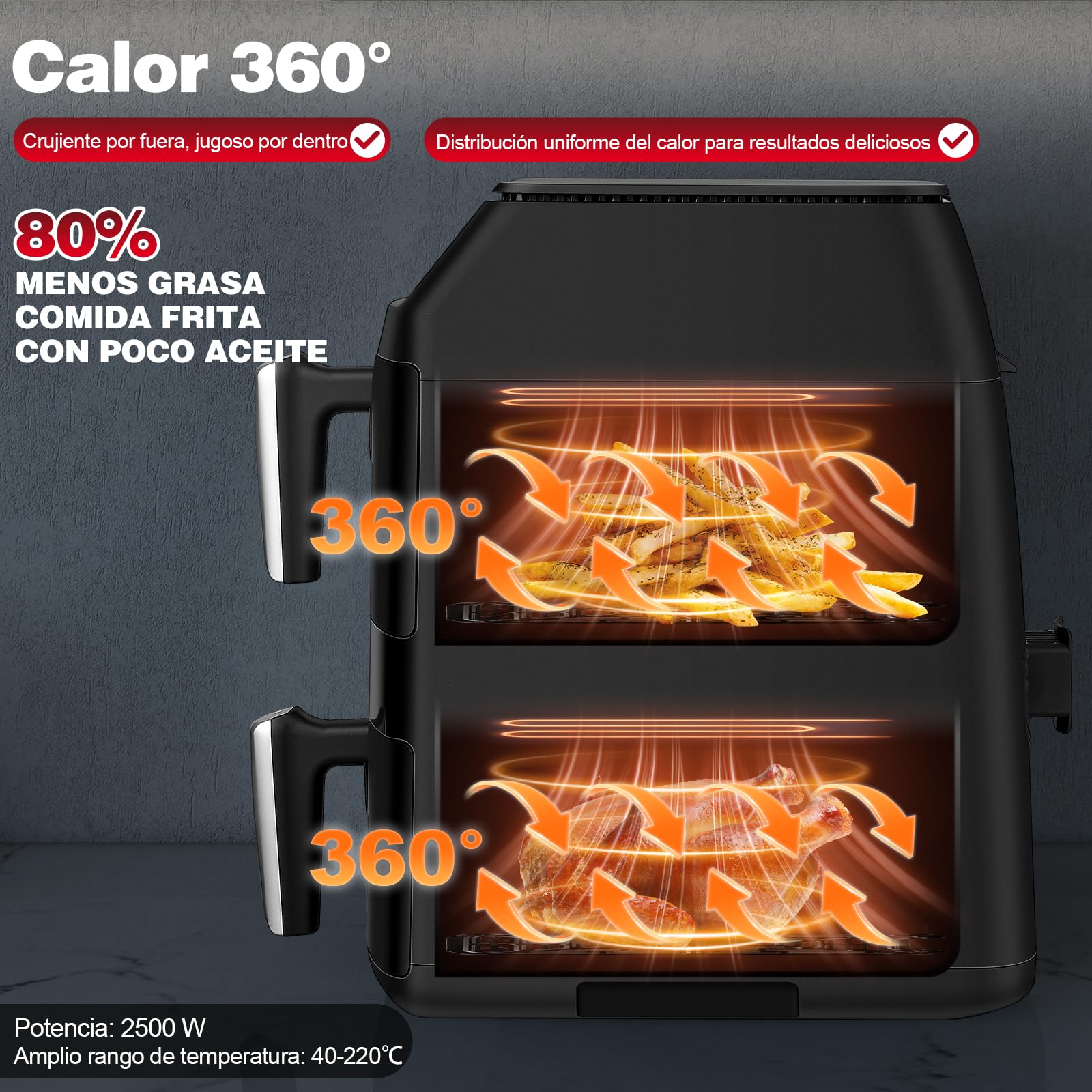 TopStrong Freidora de Aire XXL 11L, Air Fryer Doble Cesta Apilada, Freidora de Aire Doble Resistencia, 2500W, 6 Funciones, 8 Recetas, Lavavajillas, Ahorro Energético