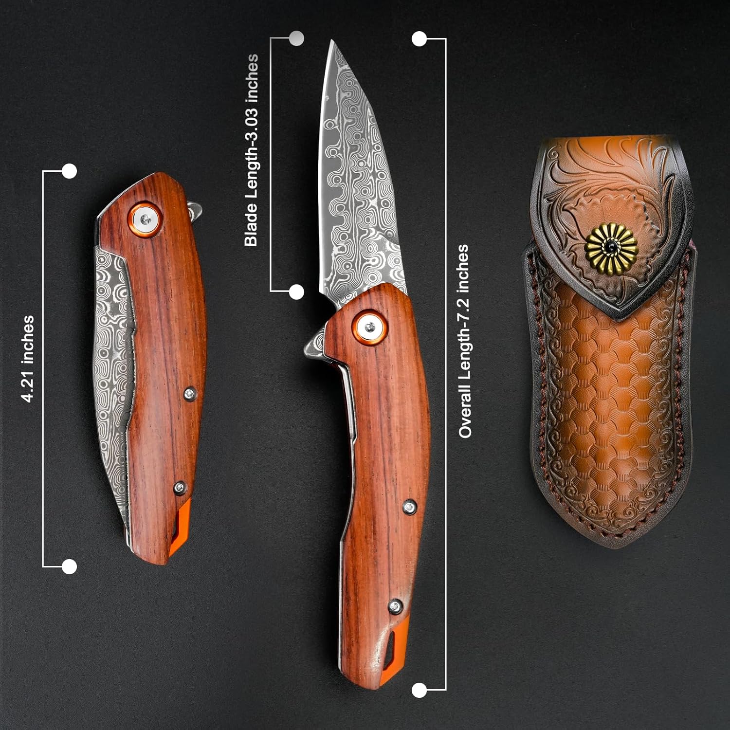 3.35" Damascus Steel Blade Knife with Wooden Handle & 3.03" Damascus Blade Folding Knife
