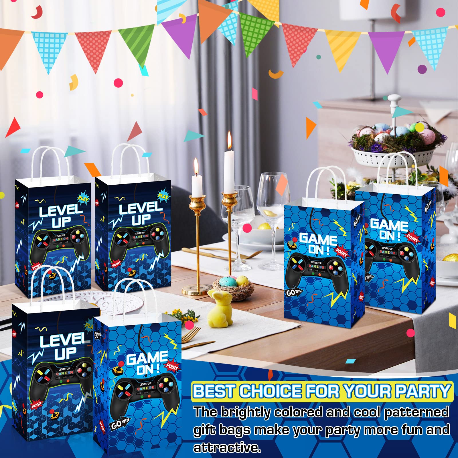 Saypacck 30 bolsas de regalo para fiestas de videojuegos, suministros de fiesta temática de jugadores, bolsa de papel con asa, regalos de fiesta de juegos para niñas y niños (azul, estilo de juego)