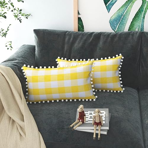 Juego de 2 fundas de almohada decorativas de algodón a cuadros a cuadros con pompones, estilo retro, estilo granja, funda de cojín rectangular Juego de 2 fundas de almohada decorativas de algodón a cuadros a cuadros con pompones, estilo retro, estilo granja, funda de cojín rectangular
