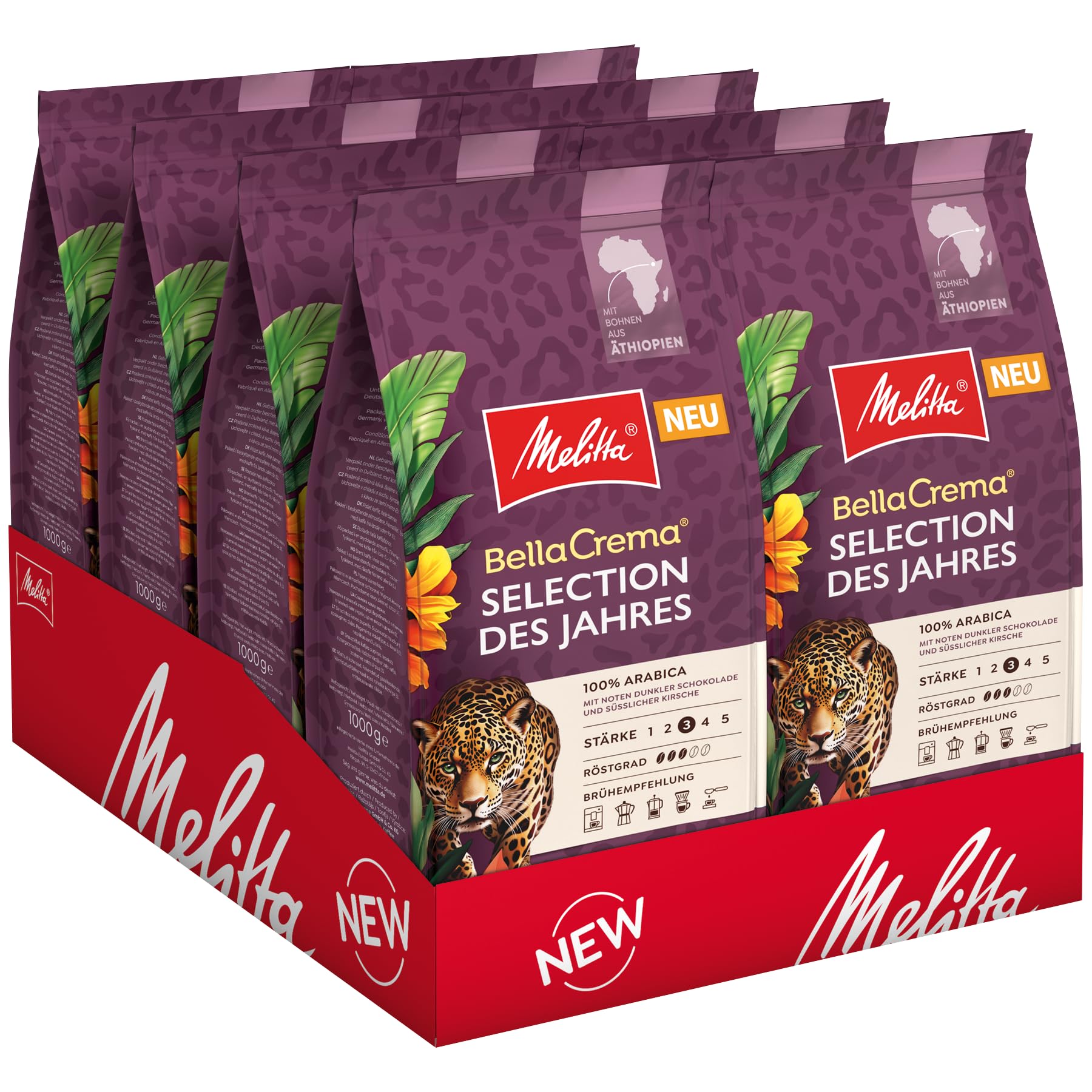 Melitta BellaCrema Selection des Jahres Ganze Kaffee-Bohnen 8 x 1kg, ungemahlen, Kaffeebohnen für Kaffee-Vollautomat, mittlere Röstung, geröstet in Deutschland, Stärke 3, im Tray | 100% Arabica-Bohnen mit Noten von dunkler Schokolade und süßlciher Kirsche