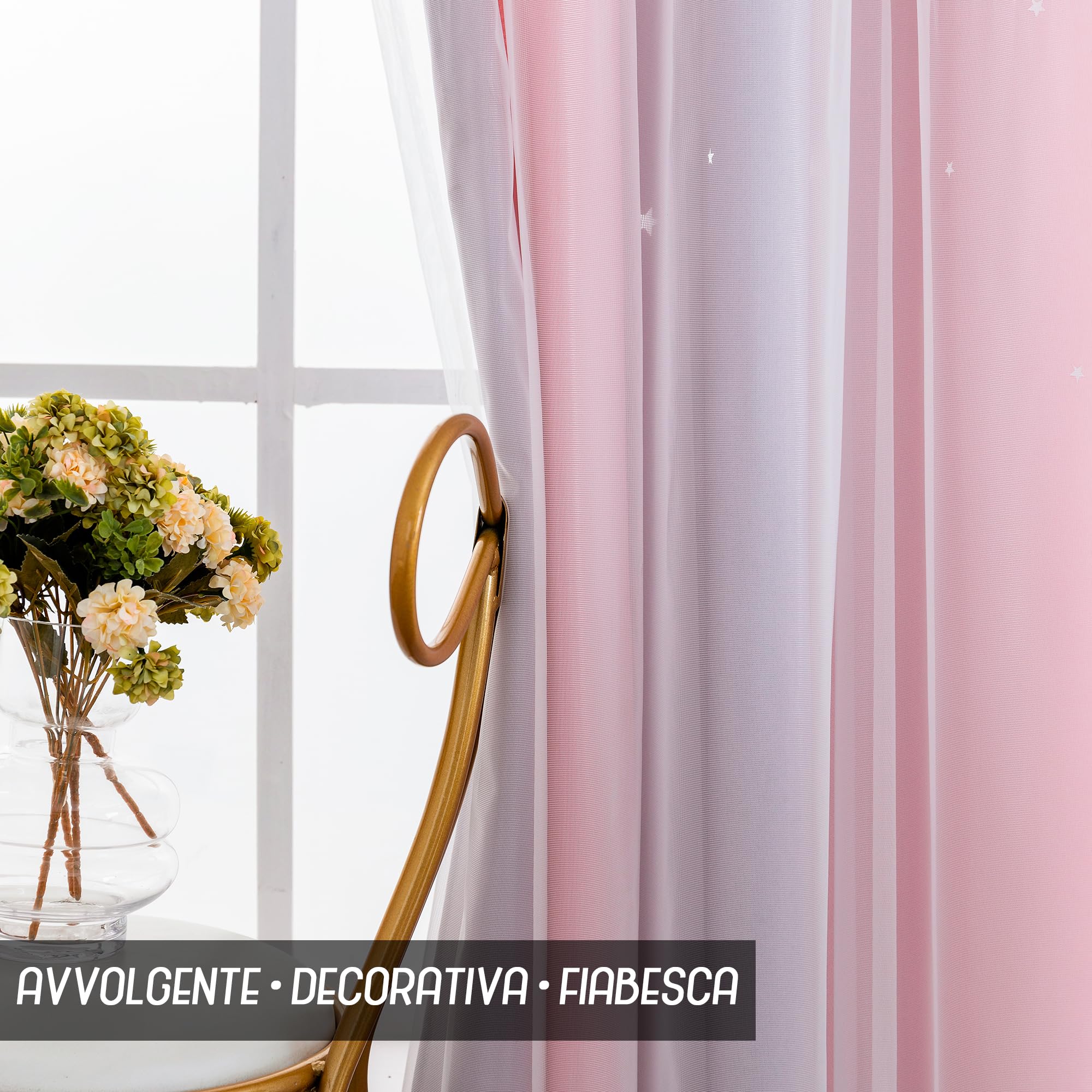 Par de cortinas dobles opacas suaves con estampado de estrellas vacías para dormitorio y habitación infantil, 2 paneles con ojales (140 x 285 cm, rosa y morado)