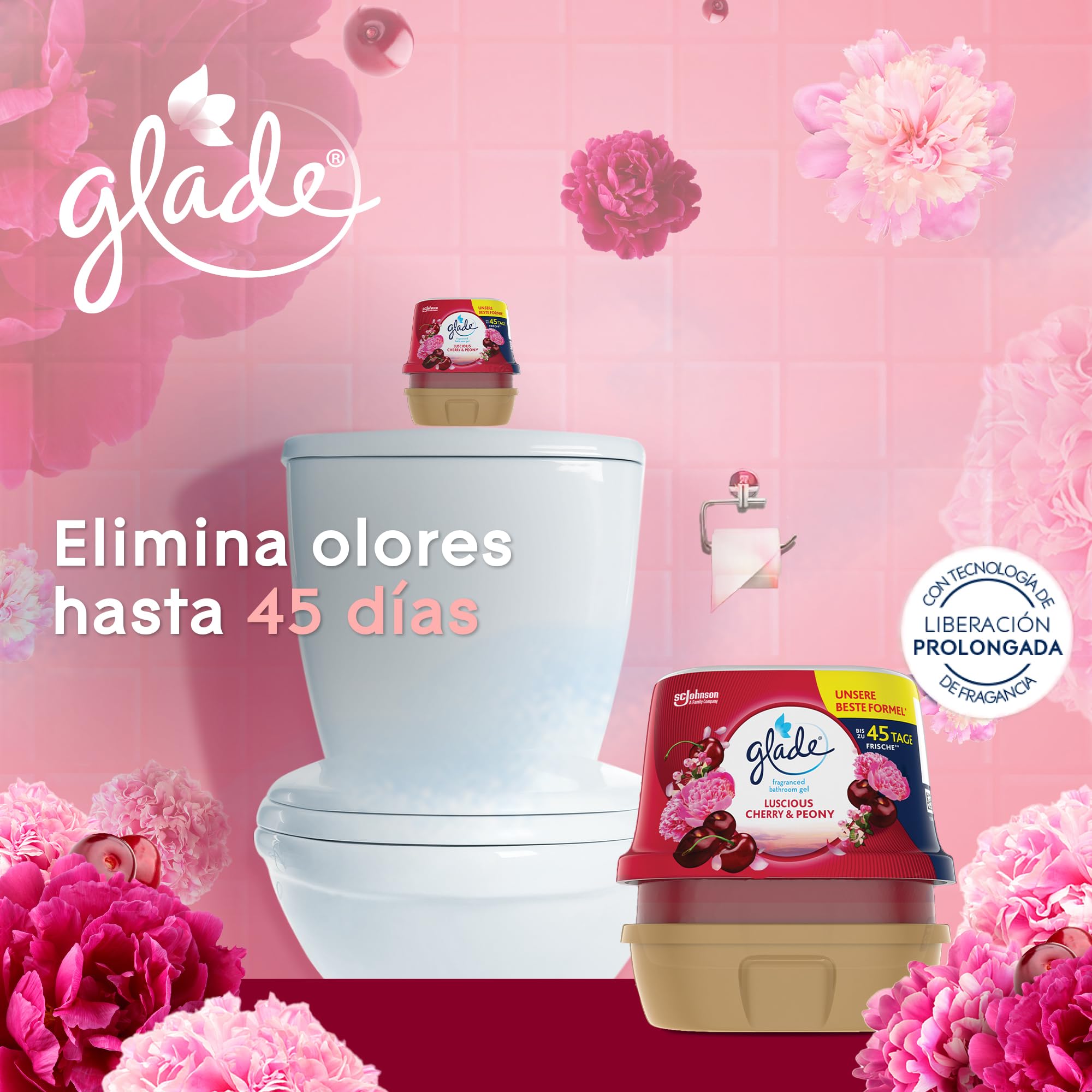 Glade Ambientador Gel de Baño Absorbeolores Luscious Cherry & Peony, Dura Hasta 45 Días, con Aceites Esenciales, 1 Gel