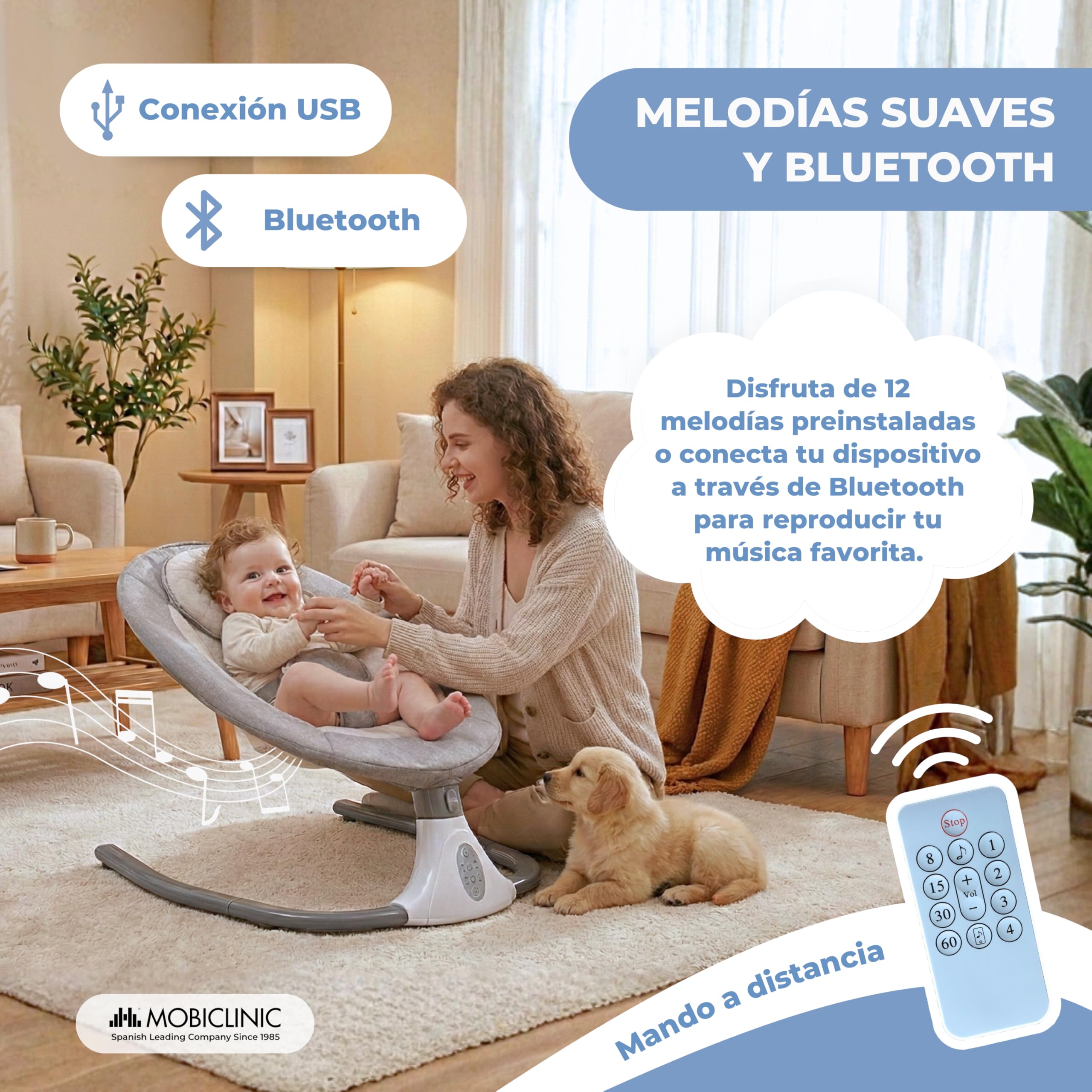 Mobiclinic® kids, Hamaca mecedora, Tuktuk, 4 velocidades ajustables, 0 meses a 18 kg, Arnés de 3 puntos, Mando distancia, 12 canciones incorporadas, Juguetes, Mosquitera, Bluetooth y usb