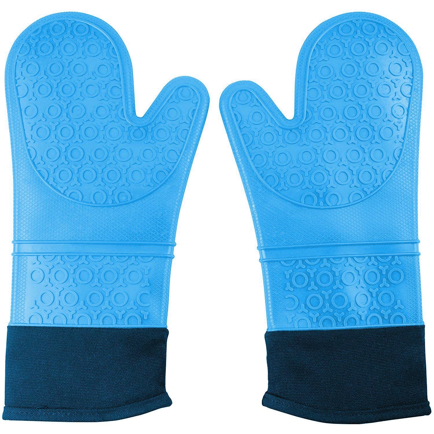 Extra Long Professional Silicone Oven Mitts -1 Pair- Oven Mitts with Quilted Liner, Heat Resistant Pot Holders-Blue,14-1/4"