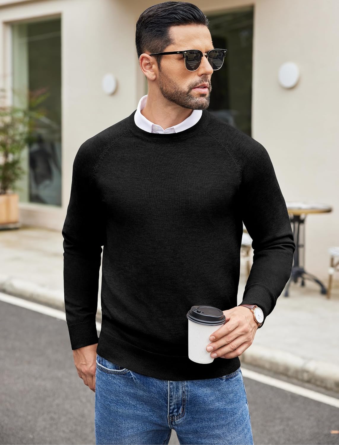 COOFANDY Men's Crewneck Sweater Casual Dress Pullover Sweaters Slim Fit Lightweight Long Sleeve Raglan Sweaters - Image 3