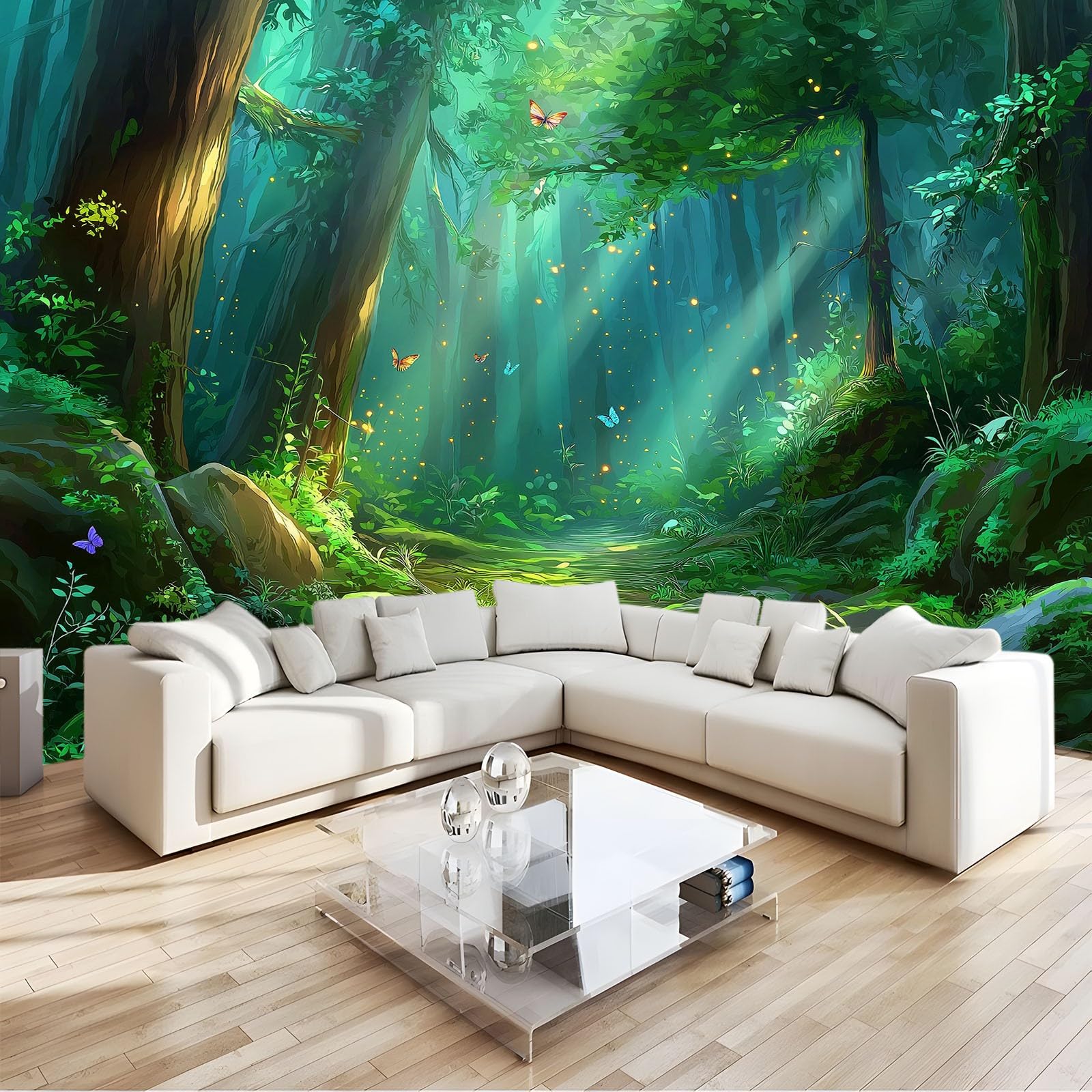 Générique Panoramiczna tapeta fantasy las dżungla roślina motyl ciemnozielony, tapeta z włókniny 3D, do pokoju dziecięcego i salonu, dekoracja ścienna XXL, 350 x 256 cm