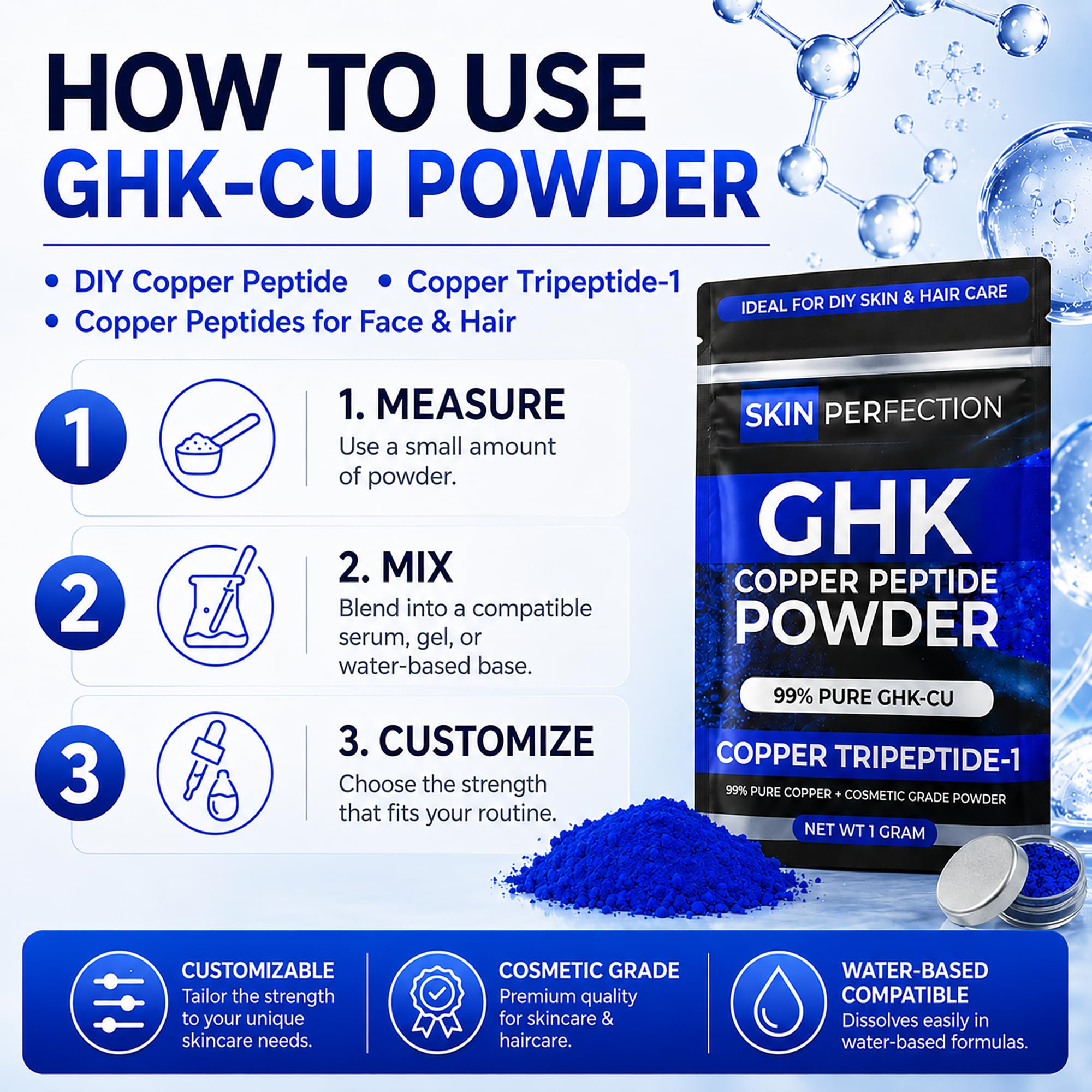 GHK-Cu Copper Peptides Powder 99.7% Pure, 1g Makes 100ml - Skin Perfection