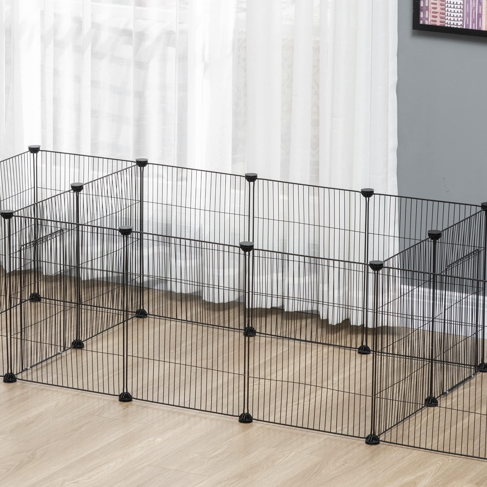 PawHut Cage pour cochons d'Inde, clôture pour Petits Animaux, 18 pièces avec Porte pour extérieur et intérieur 175 x 70 x 45 cm, Noir