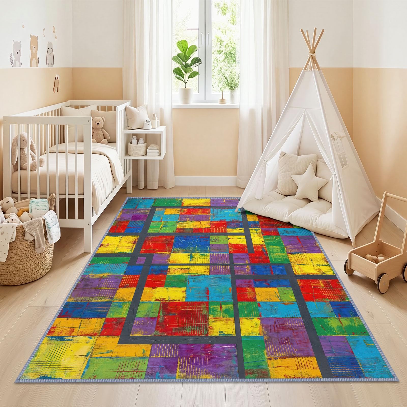 Modern Pop-Art Abstrakt Graffiti Kinderteppich Junge Mädche Rutschfest Farbecht, Regenbogenfarben Zerkratzt Raster Teppich 80 x 150 cm Waschbar Antiallergen für Wohnzimmer Schlafzimmer Esszimmer Büro