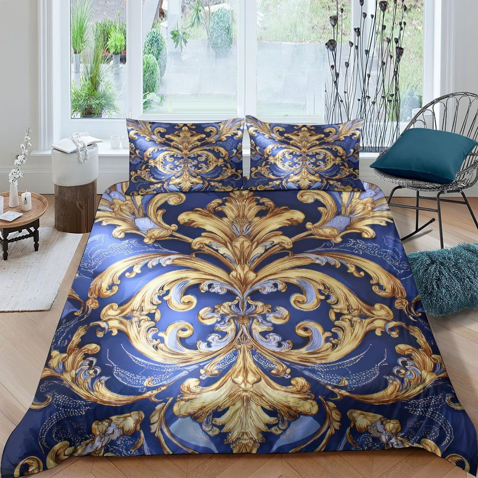 Ctjqhvkz Style-6 3D Printed Baroque Blue Gold Fitted Sheet Microfiber Slip-Resistant Bed Cover For Bedroom Guest Room Easy Care Decor Single（135X200cm）