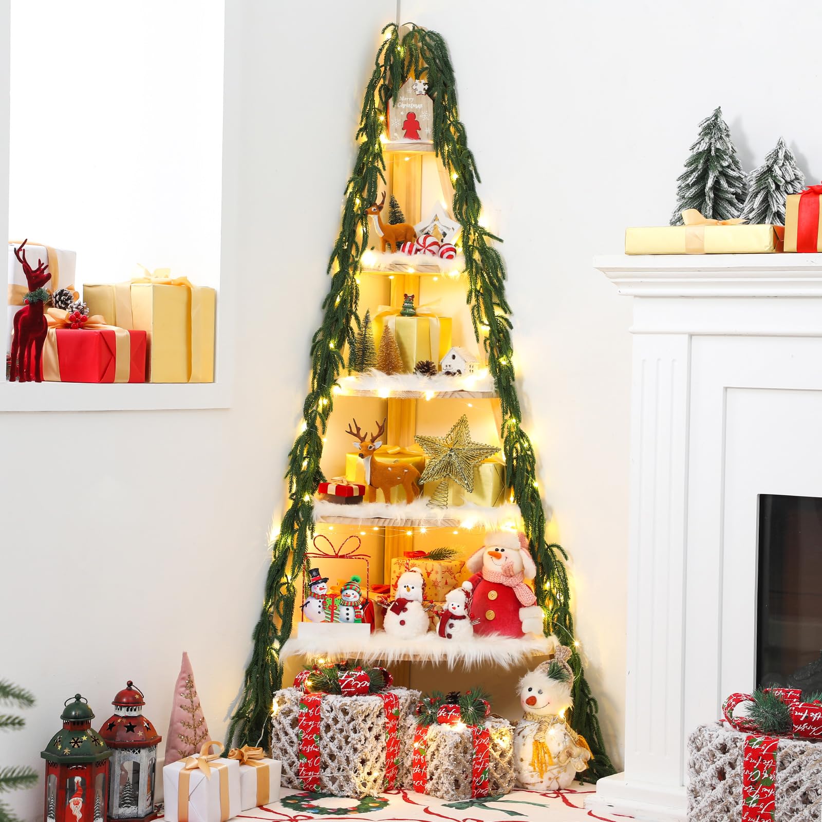 Christmas Tree Bookshelf 63" Tall Christmas Village Stand 6 Tier Christmas Village Display Wood Corner Shelf Display Platforms for Christmas Bedroom Living Room Decor