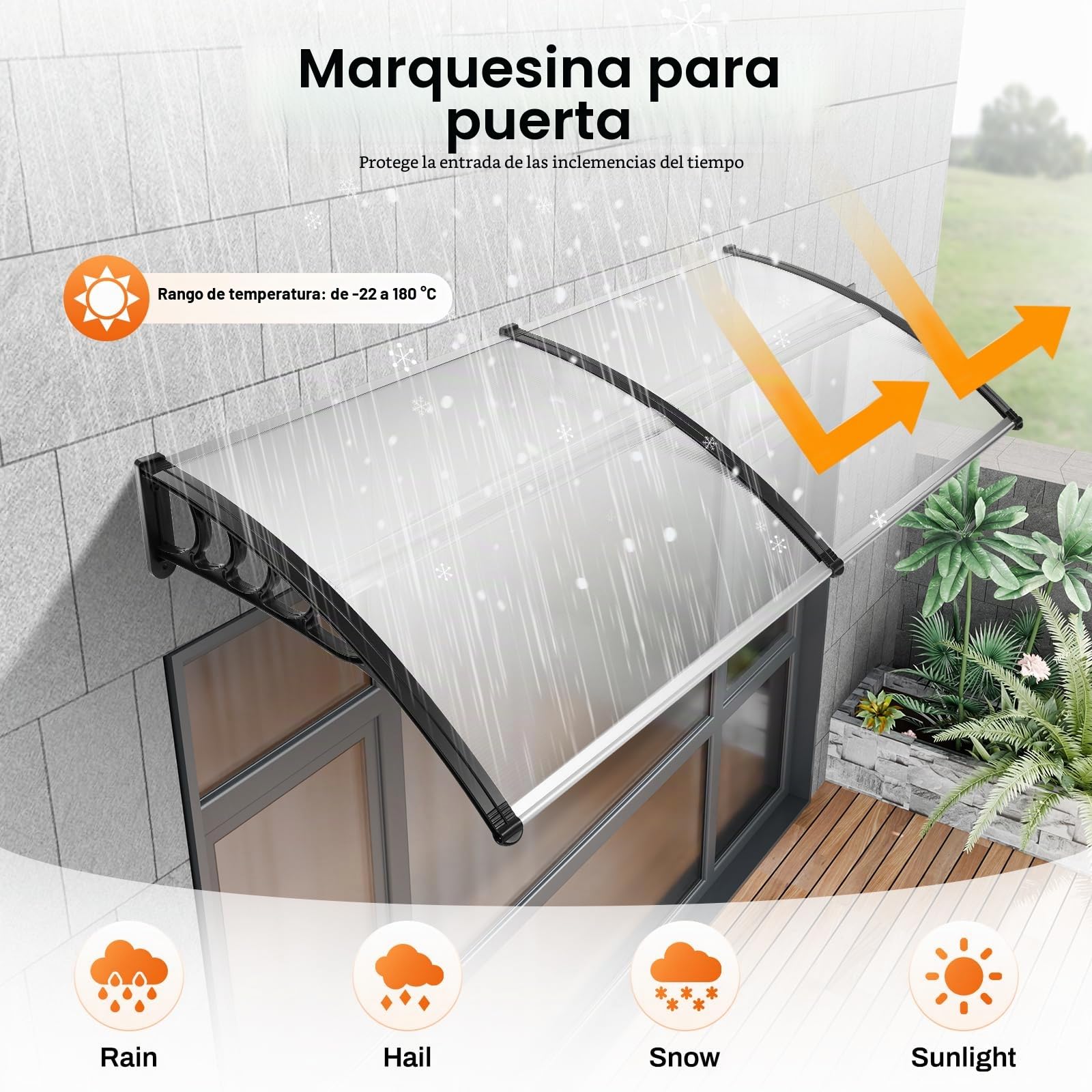 Marquesina para puerta de casa, 200 x 90 cm, de aluminio y policarbonato, toldo transparente para puerta de casa, toldo para puerta, ventana, porche, color gris