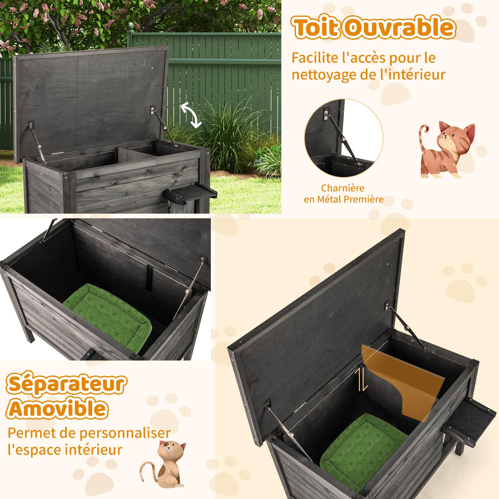 COSTWAY Niche pour Chat Exterieur, Grand Maison pour Chats en Bois de Sapin, 88 × 55 × 71 cm, Isolation en Mousse à 6 Côtés, Toit en Asphalte Ouvrable, Rideau de Porte, Cabane Chat Exterieur (Noir)