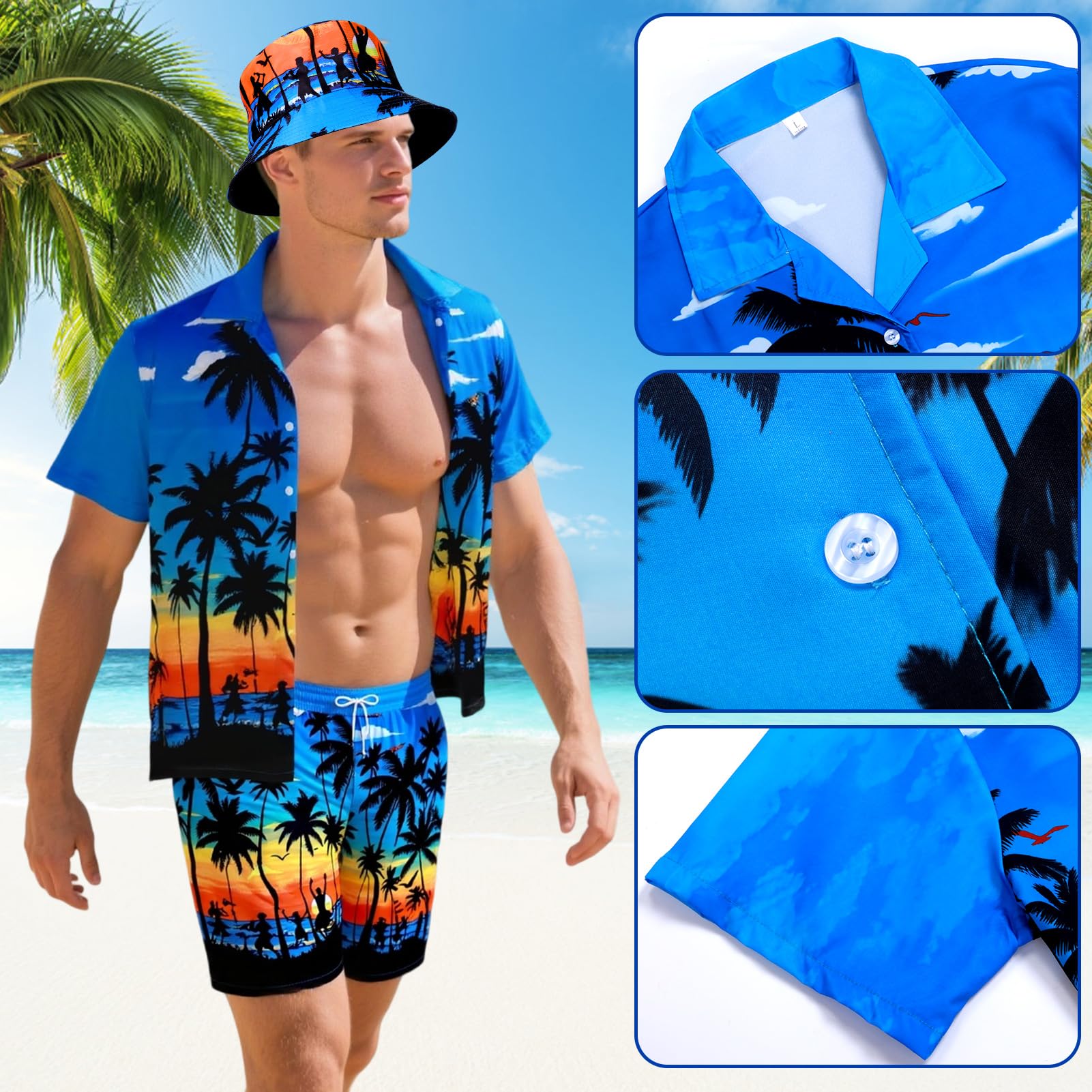 Camicia Hawaiana Set, Camicie Hawaiane Uomo con Pantaloncini Cappello Camicia Uomo Maniche Corte Camicie Estive per Feste Estive Spiaggia