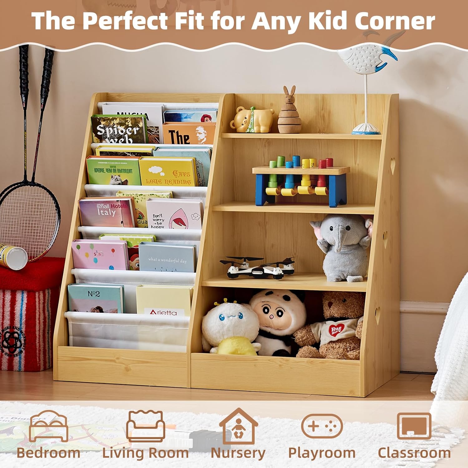 Lerliuo 4 Tier Kids Bookshelf and Storage Organizer, Five Layer Sling Children Bookcase, Baby Toddler Wooden Book Shelf, Display Cabinet for Playroom, Bedroom, Classroom, Nursery, School (Natural)