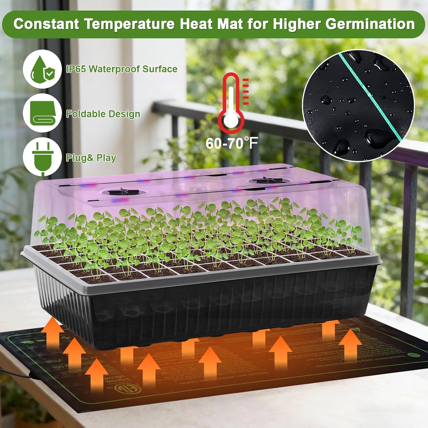 60-Cell Self-Watering Seed Starter Tray with Grow Light, Indoor Seed Starting Kit Trays with Heat Mat, Adjustable Brightness Plant Germination Trays Growing Kit with 4.13" Humidity Dome for Seeds Grow