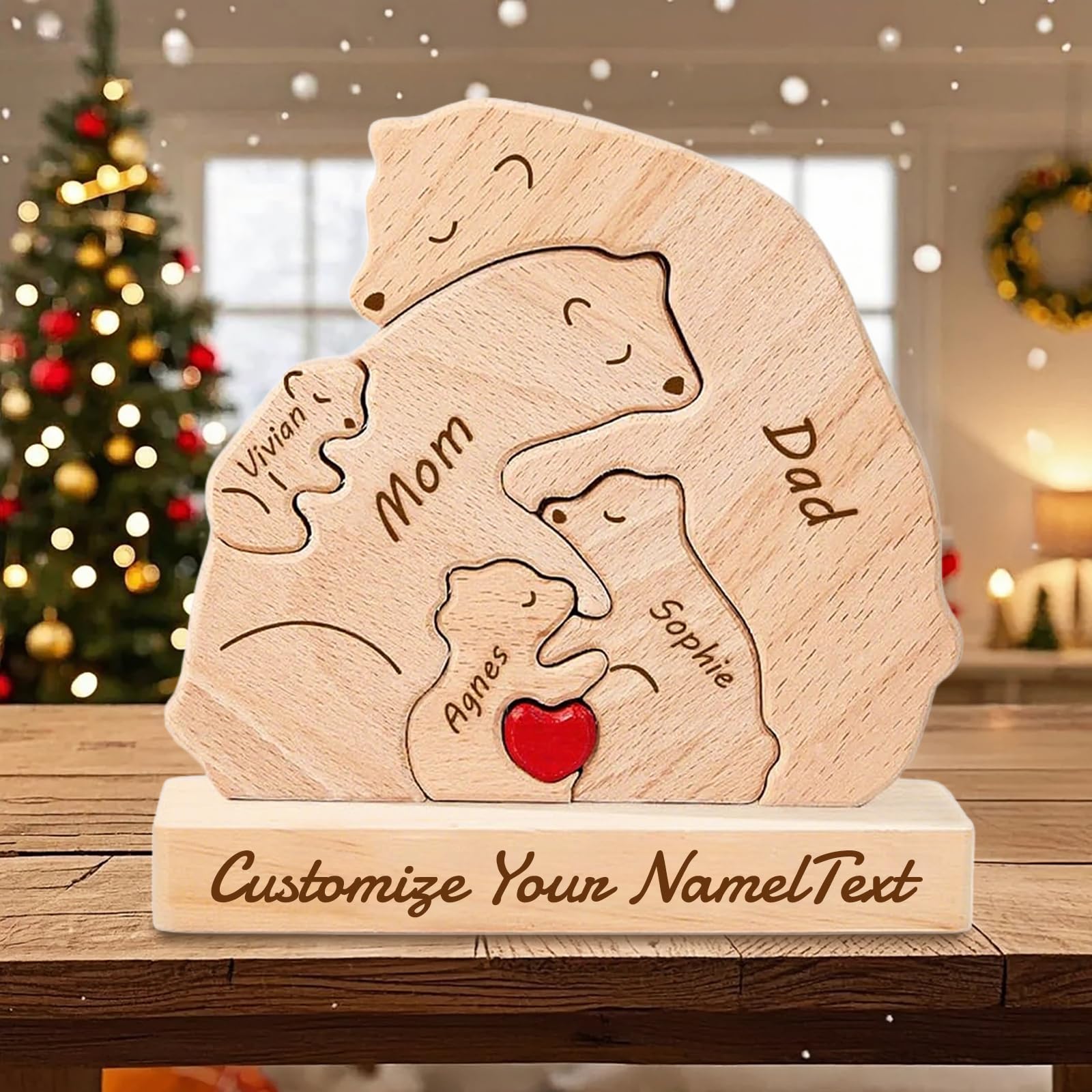 Personalized Wooden Bear Puzzle Custom Name with 2-7 Family Name Art Animal Jigsaw Sculpture Personalised Gifts for Mom Dad Grandma Mother’s Day Birthday Christmas Anniversary (Bear 2)