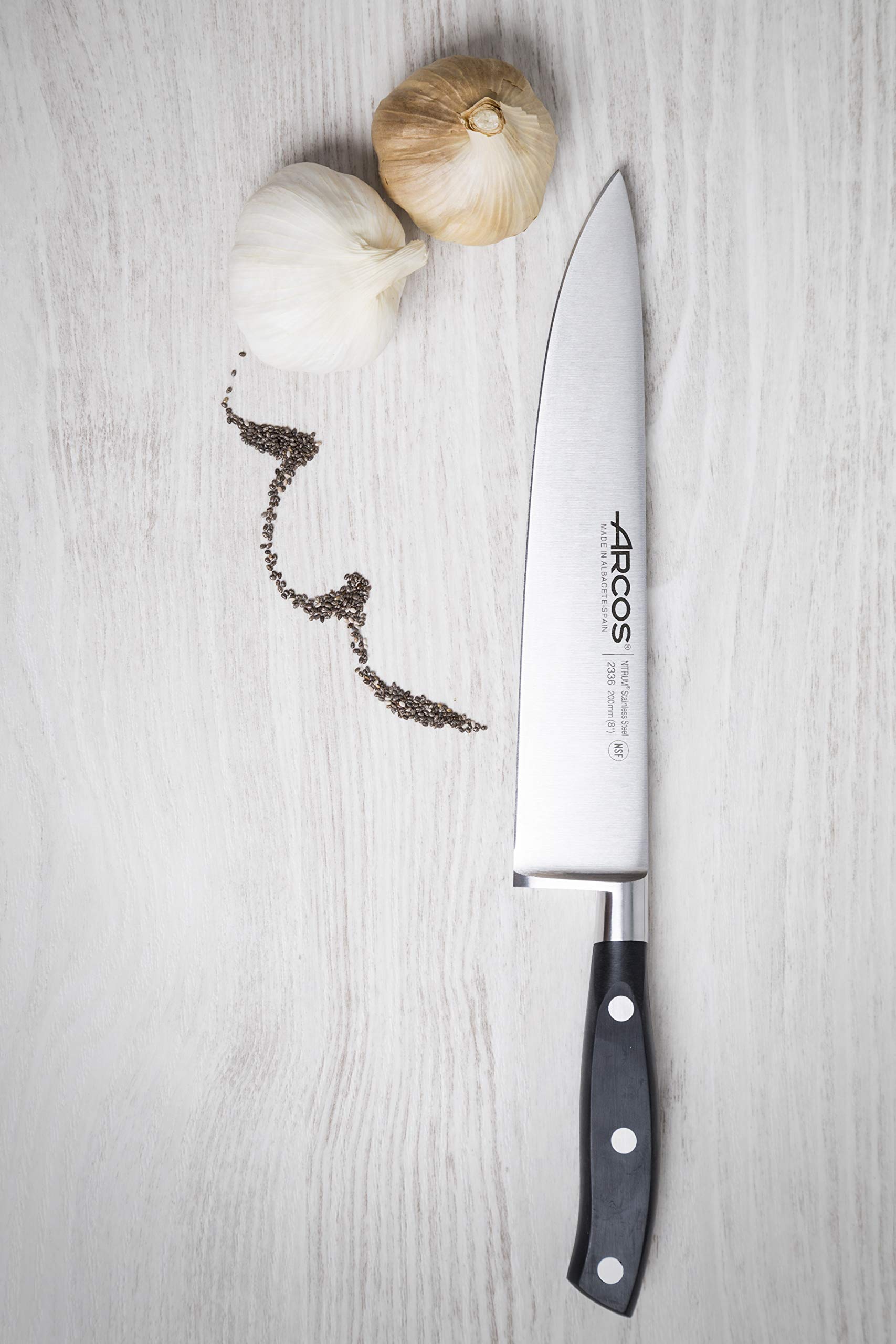 ARCOS Zestaw noży kuchennych Forged 6 elementów Nitrum Stainless Steel. 4055 gr. Wielofunkcyjny nóż kuchenny do krojenia mięsa i warzyw. Ergonomiczna rękojeść z POM. Seria Riviera. Kolor czarny.
