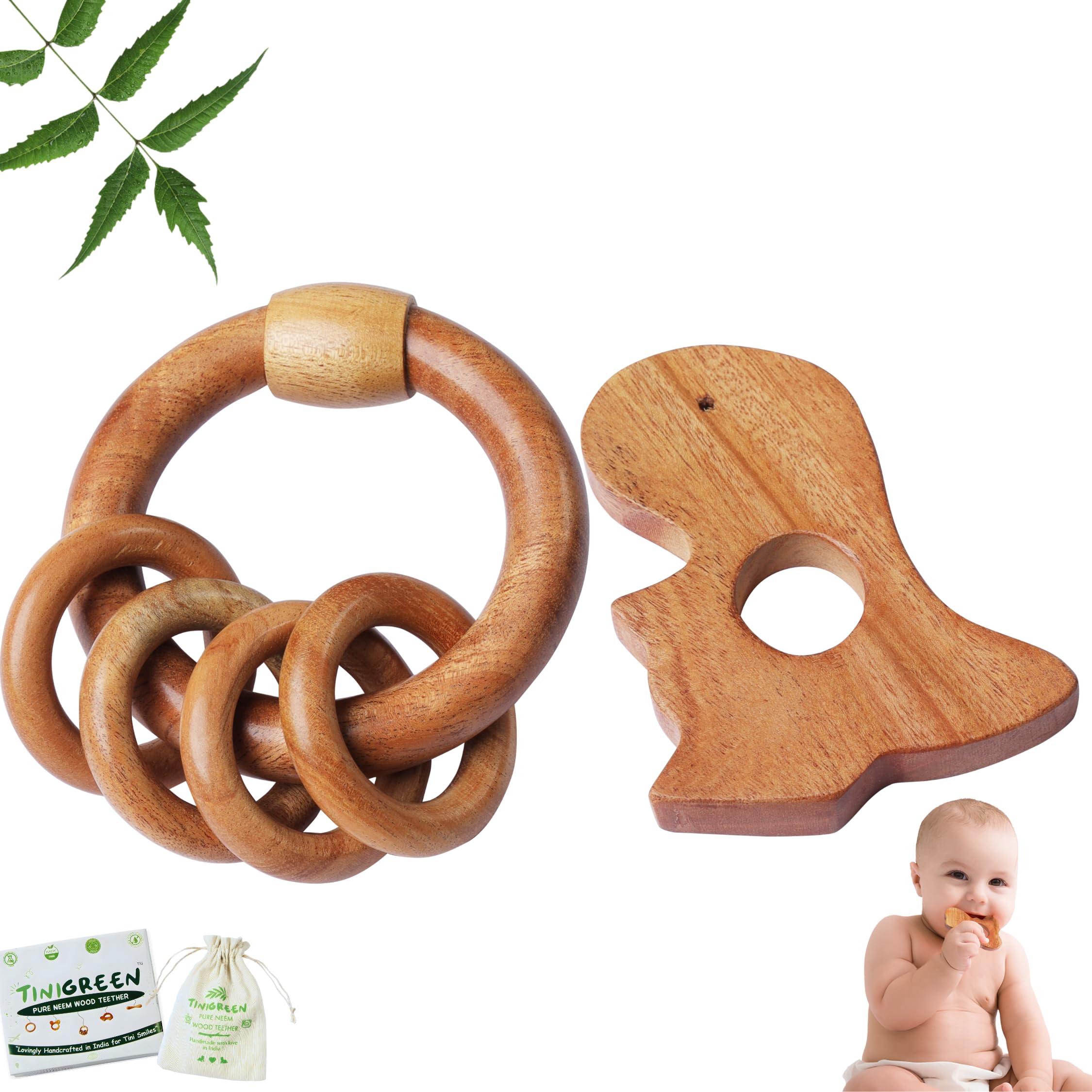 Neem Wooden Baby Teether Dinosaur & Rattle Shape Natural Neem Wood Teething Toy for Infants 3–12 Months Chemical-Free, Handcrafted Baby Teether (Pack of 2)-image-7