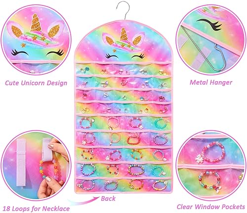 Miniatura 5 de FIOBEE Organizador de joyas colgante para niñas, soporte de almacenamiento de joyas de unicornio con colgador para niños, aretes, collar, pulsera