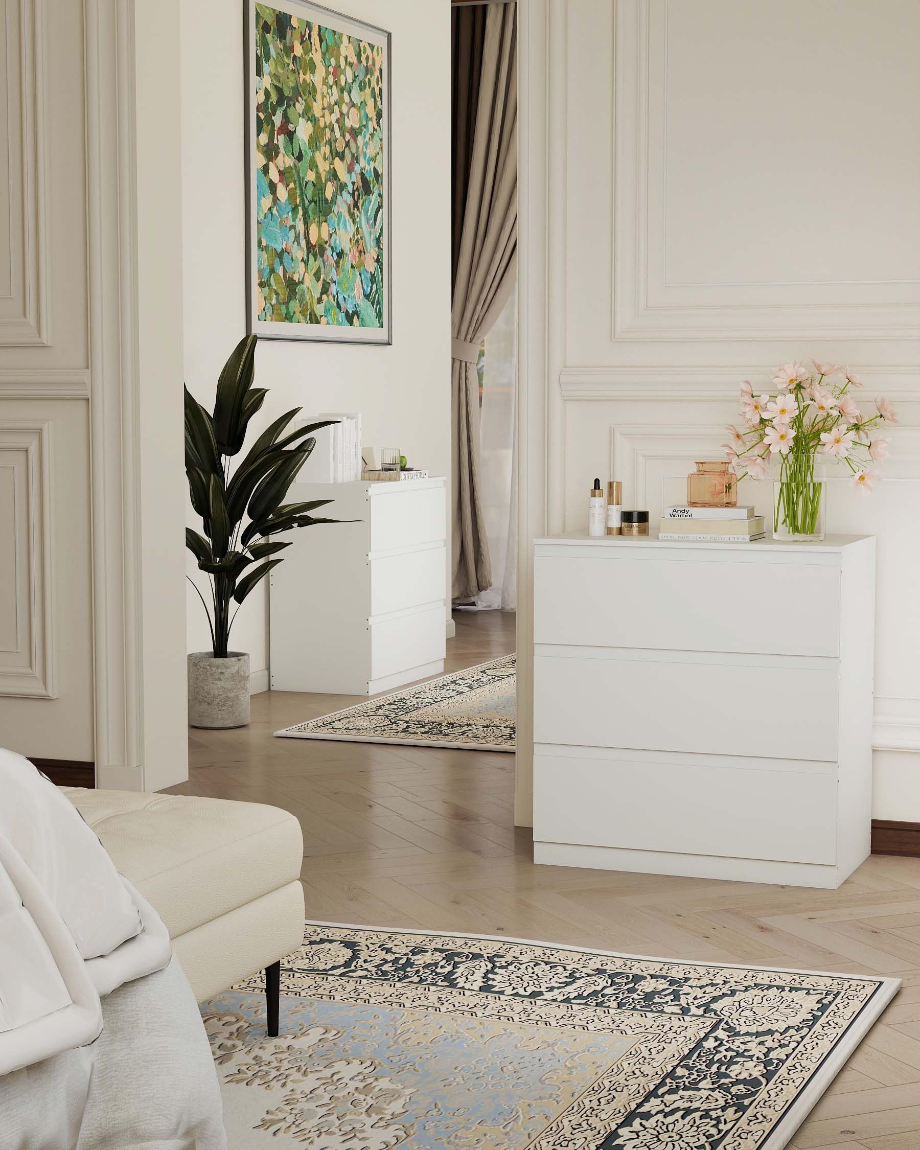 Comodino Camera da Letto, Cassettiera Salvaspazio Bianca con 3 Cassetti, Cassettiera Legno 70 x 40 x 75 cm, Comò Camera da Letto Moderno per Soggiorno e Corridoio