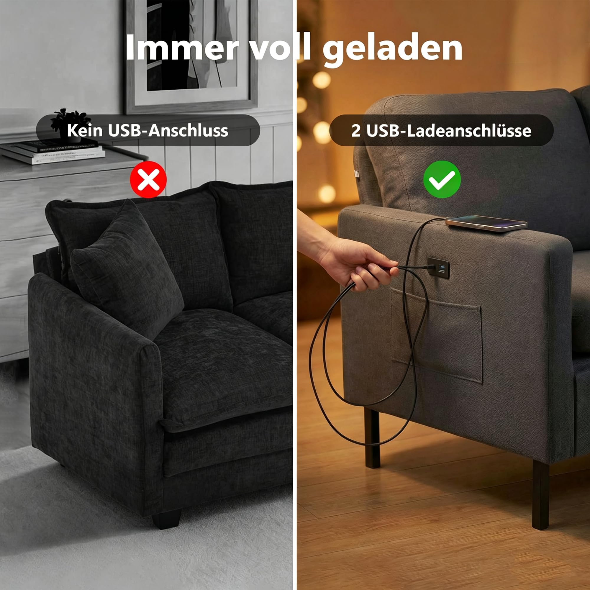 ROCSUMOO Kleines Sofa 2 Sitzer, 143 cm 2 er Couch (Dunkelgrau) | mit 2 USB-Ladeanschlüssen & Aufbewahrungstasche, Modernes Zweisitzer-Sofa, Kleine Wohnzimmer Couch