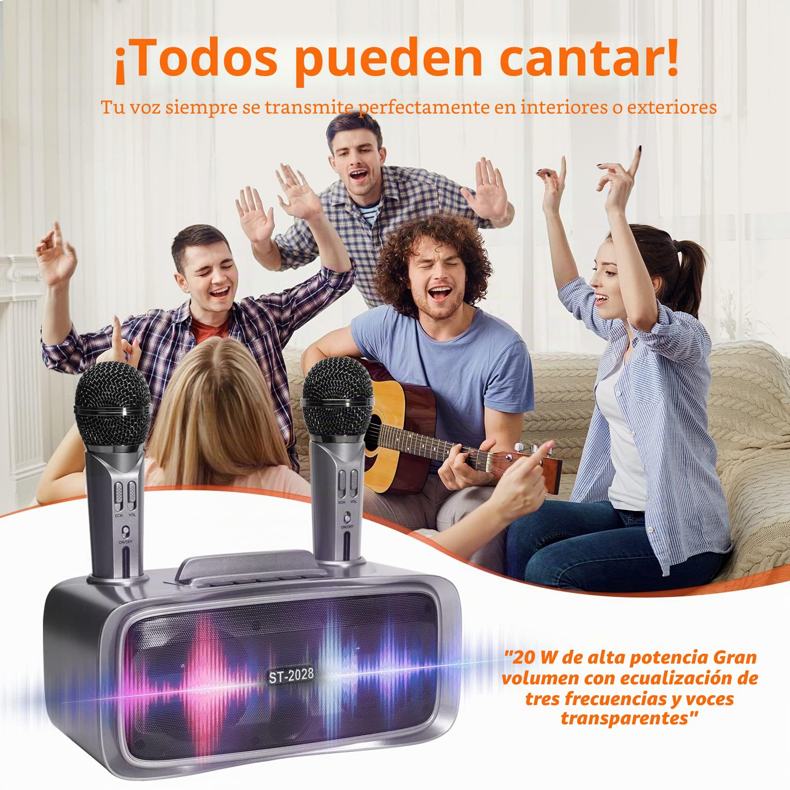 Karaoke Bluetooth con 2 Micrófonos Inalámbricos, Altavoz Portátil para Adultos,Sistema PA de Fiesta con Luces de Discoteca para Party, Cumpleaños, Viajar