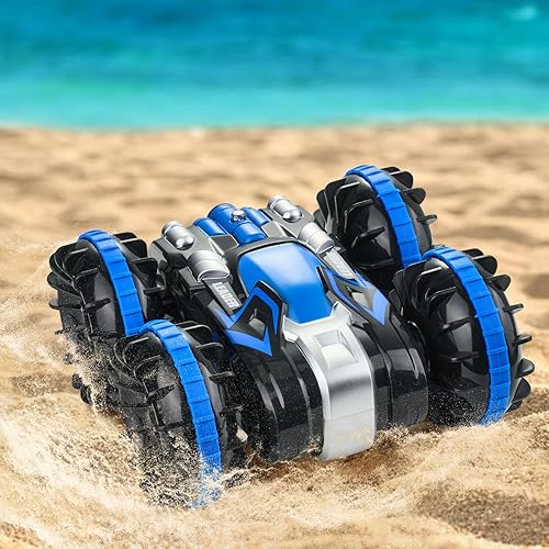 Miniatura 8 de VEVOR Anfibio 4WD impermeable 2.4GHz RC Car Boat para niños, auto de acrobacias giratorio de 360 grados con 2 baterías, juguete de agua todo terreno