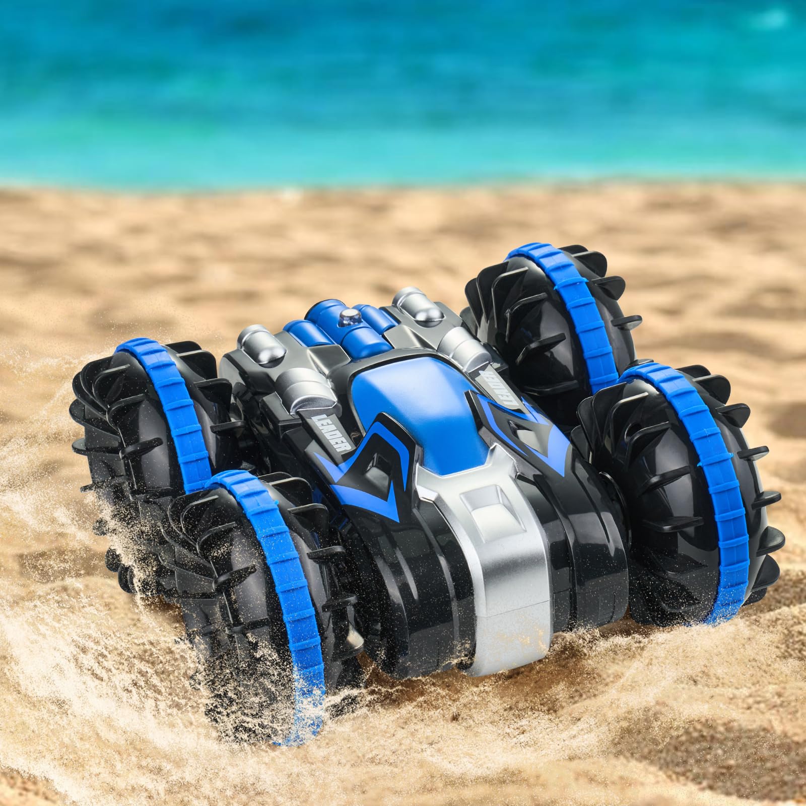 VEVOR Voiture télécommandée amphibie, 4WD étanche 2,4 GHz pour enfants, voiture télécommandée rotative à 360° avec 2 batteries, jouet tout-terrain, plage, piscine pour garçons et filles de 6 ans et