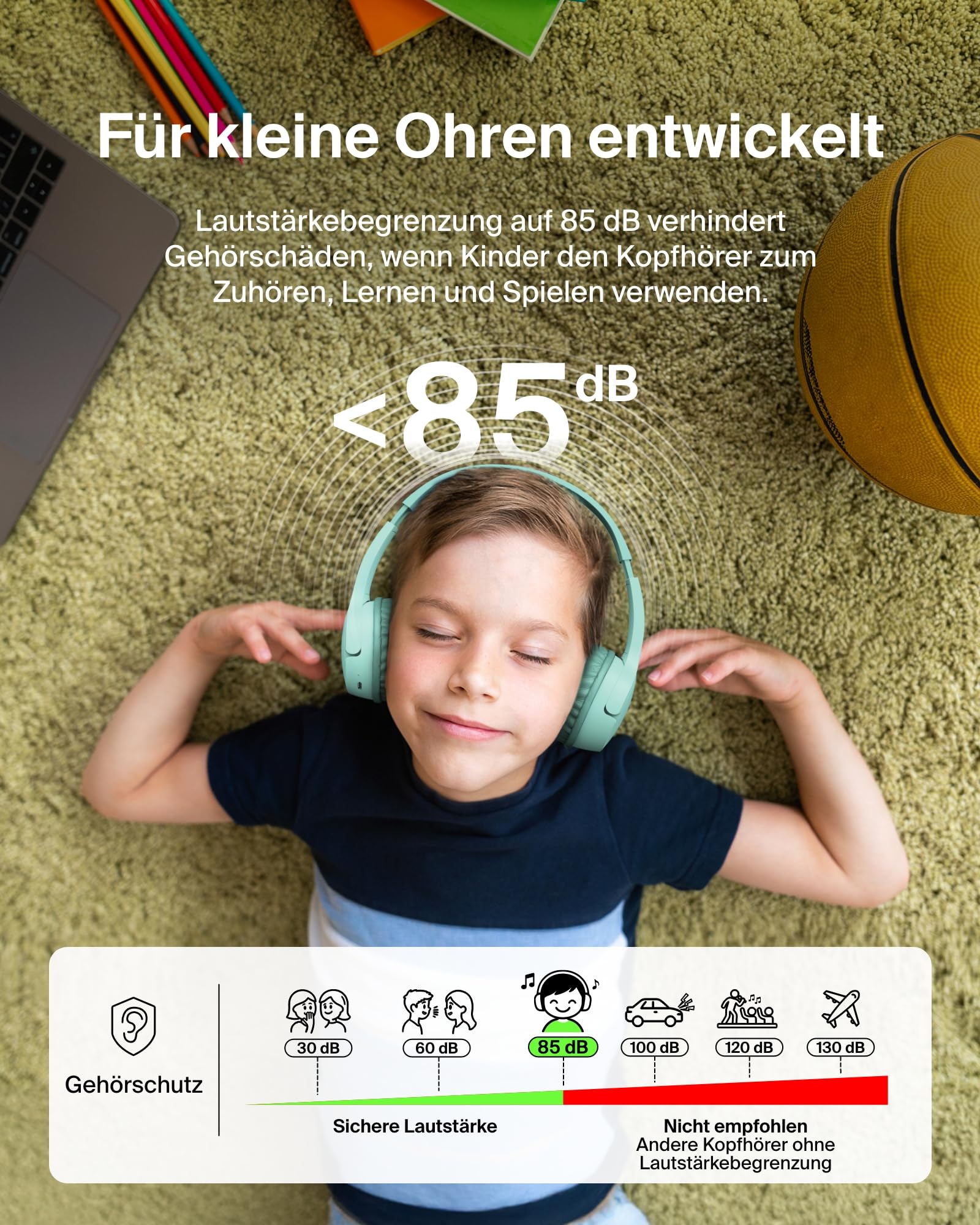 Belkin SoundForm Mini kabelloser Kinderkopfhörer mit integriertem Mikrofon und lustigen Aufklebern, 30 Std. Wiedergabe – Over-Ear-Kopfhörer für Unterricht, Ferien, iPhone, iPad, Galaxy – Mint