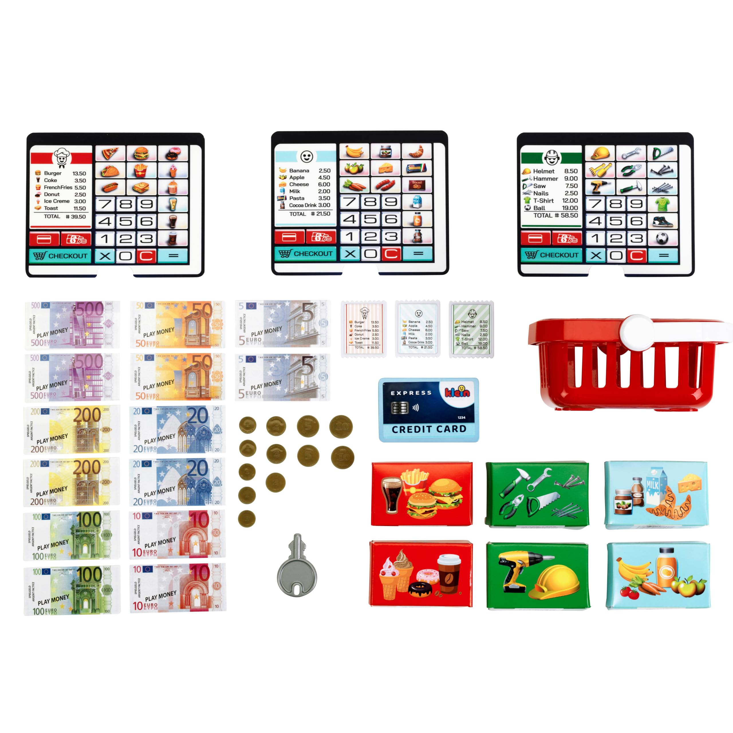 Theo Klein 7265 Caisse Libre-Service, Scanneur avec lumière et Son I Ecran à 3 thèmes interchangeables, Panier, Argent fictif, etc, Jouets pour Enfants à partir de 3 Ans