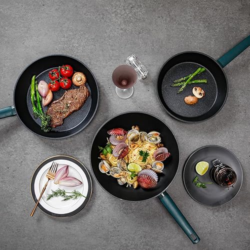 Miniatura 4 de Dr.HOWS URBAN Wok antiadherente de aluminio con revestimiento ILAG Professional S de 11 pulgadas de color verde oscuro, antiadherente, sartén para