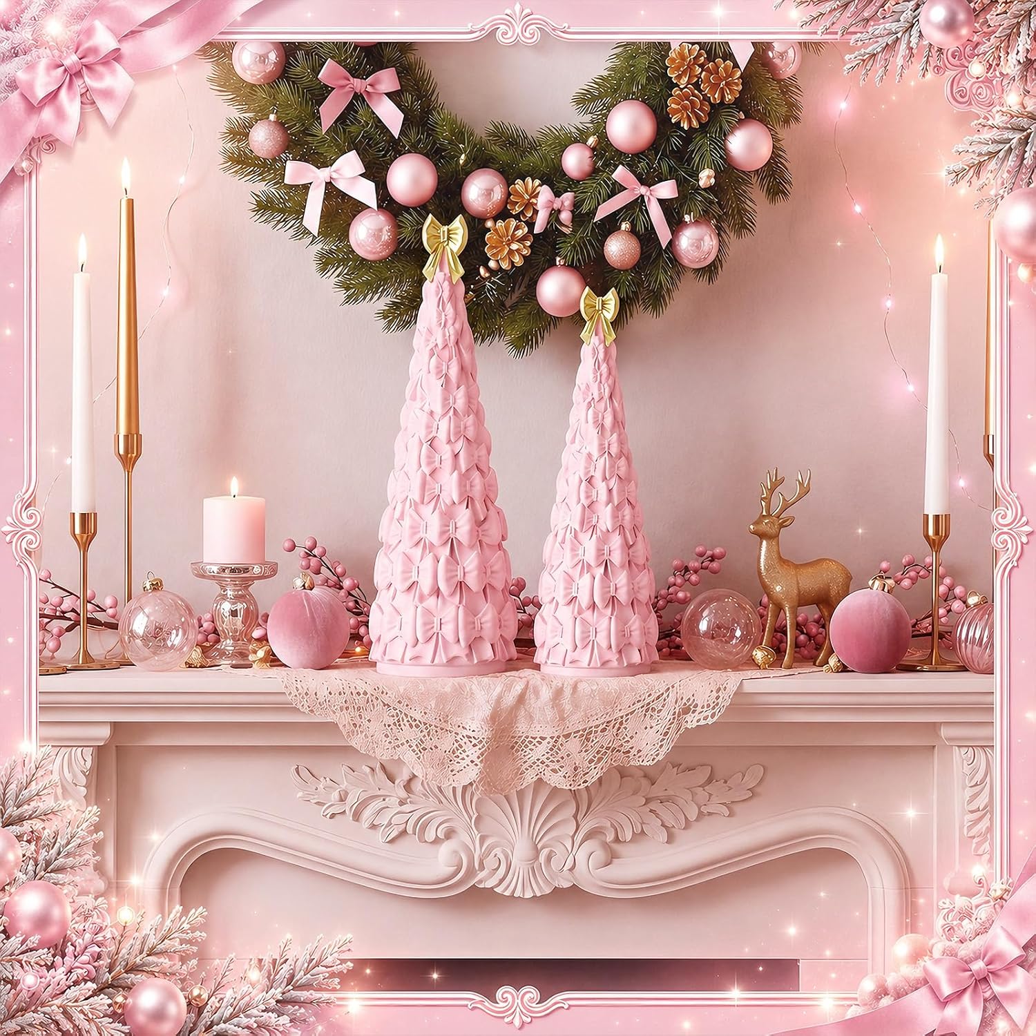 2 Pcs Pink Bow Christmas Cone Trees Resin Table Decor 11.5" 10"
