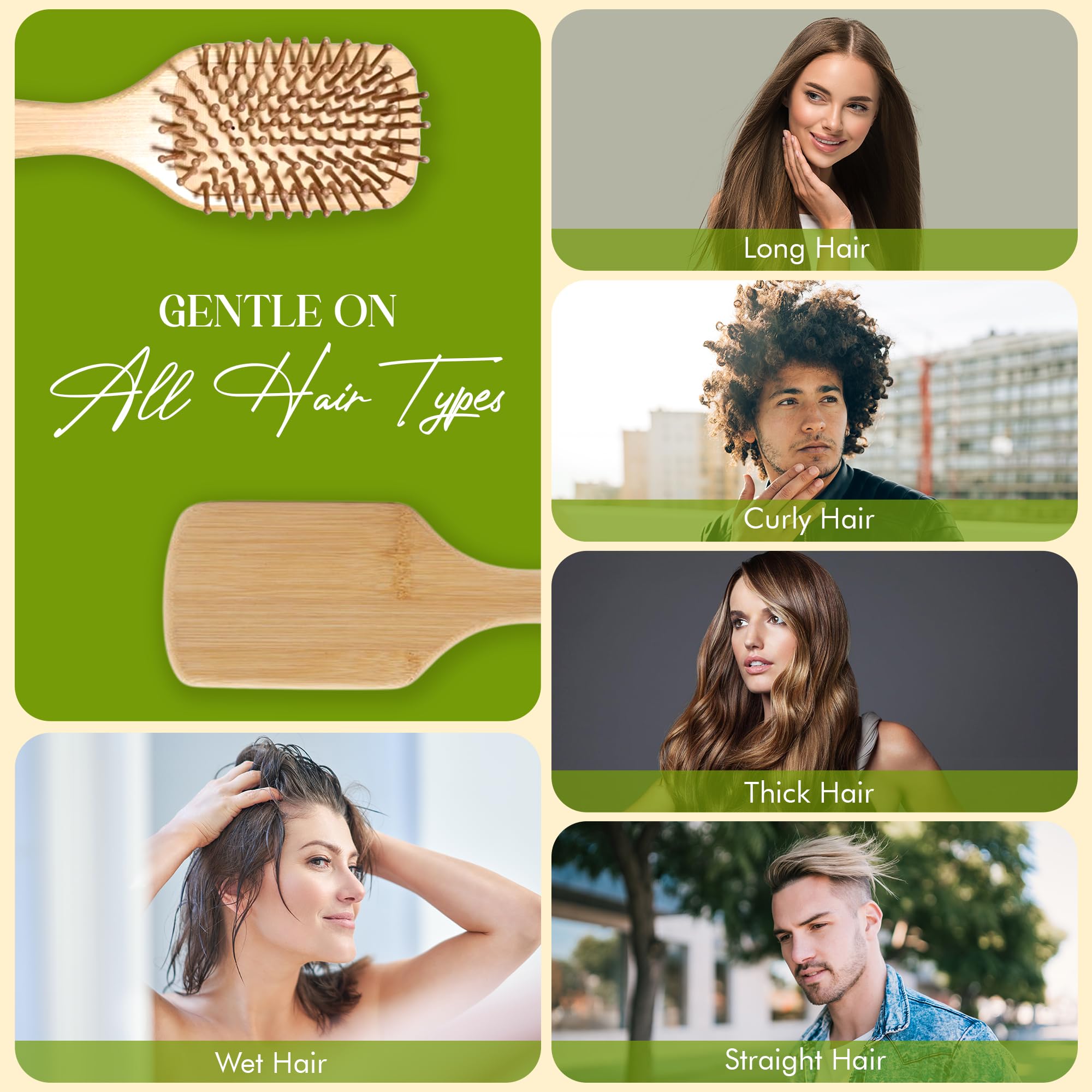 OREN'S - Cepillo desenredante de cerdas de bambú, cepillo de paleta estrecha para el crecimiento del cabello, masaje del cuero cabelludo y antiroturas, adecuado para mujeres, hombres y niños, para