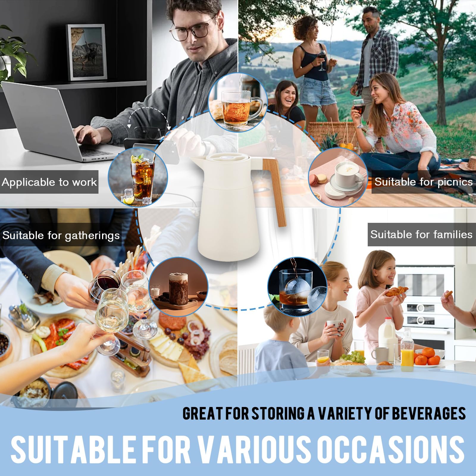 Pichet Isotherme Thermos Acier Inoxydable 1.5L Carafe à Café Thermique Isolé Beige