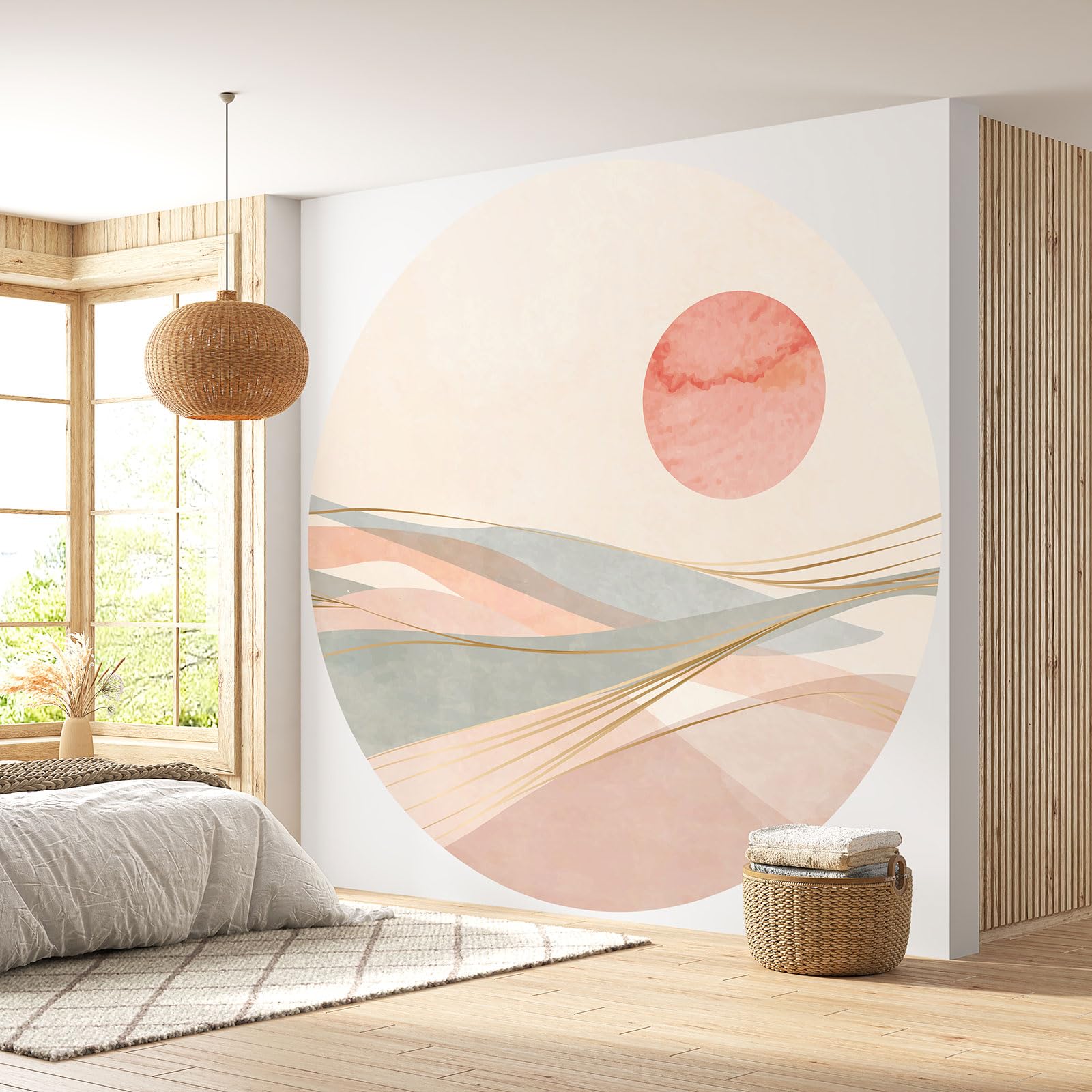 Papier peint rond paysage boho Lumalea insuffle une ambiance zen et cocooning dans votre salon
