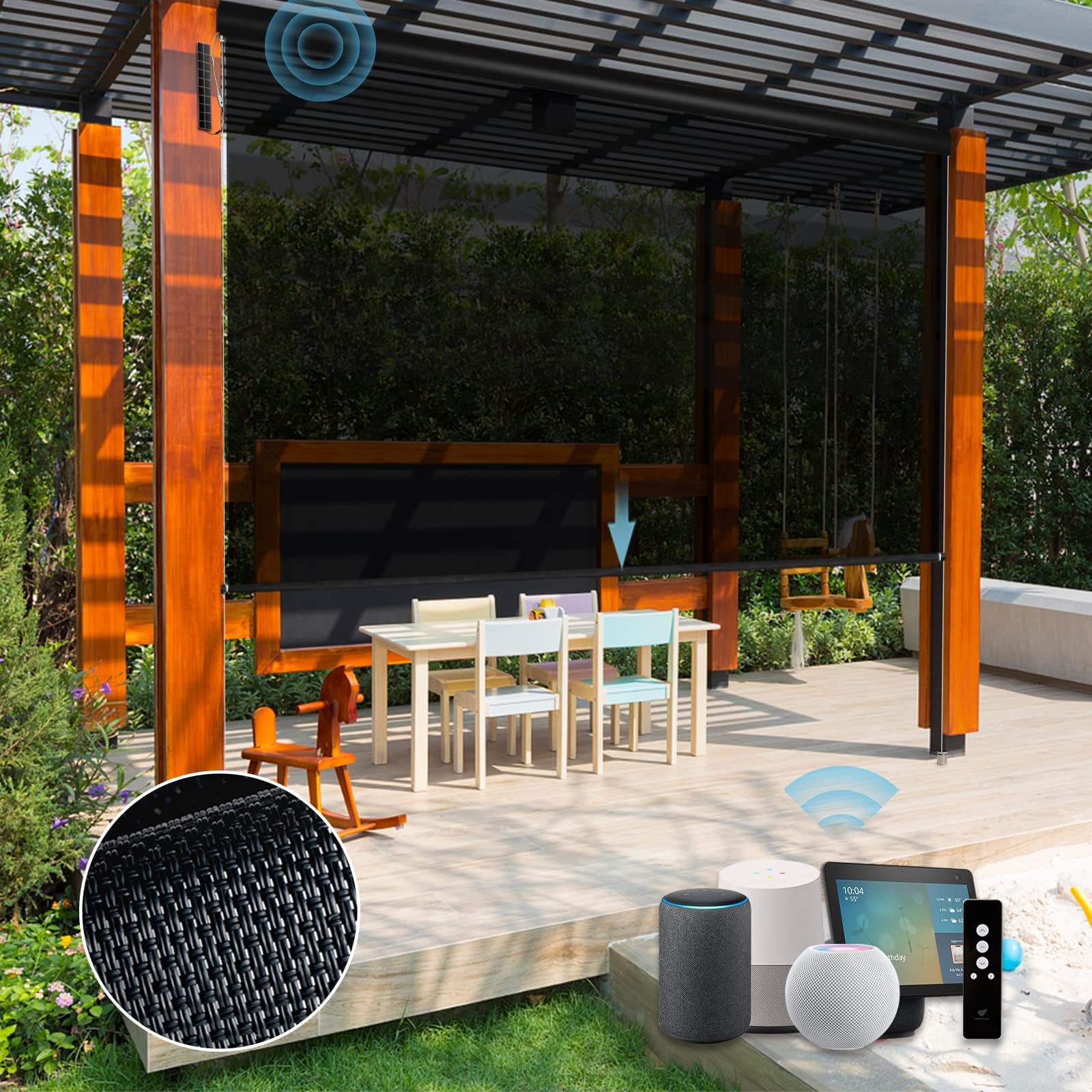SmartWings Motorized Outdoor Patio Shades, Compatible with Zigbee/Alexa/Z-Wave/Homekit, Remote Control Roller Blinds with Smart Motor, Exterior Solar Shades Weatherproof & Sun Blocking, Black