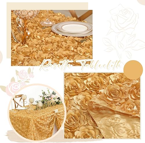 Miniatura 3 de Fanqisi Mantel rectangular de satén floral 3D de 90 x 132 pulgadas, manteles de roseta dorada para bodas, fiestas, baby shower, comedor, decoración