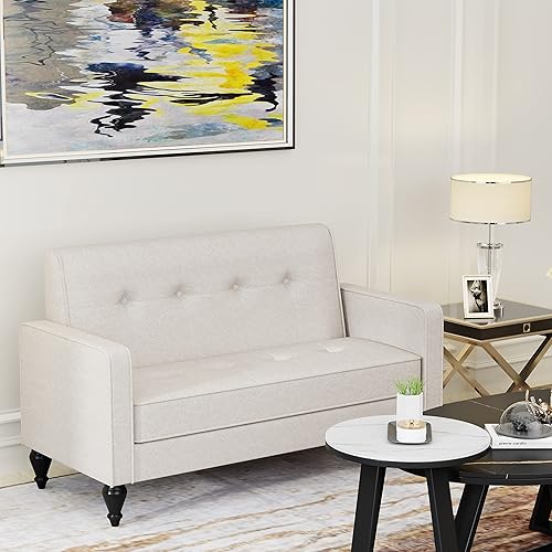 ALISH Sofá de dos plazas tapizado, moderno sofá pequeño con botones, copetudo para sala de estar, dormitorio, hiedra