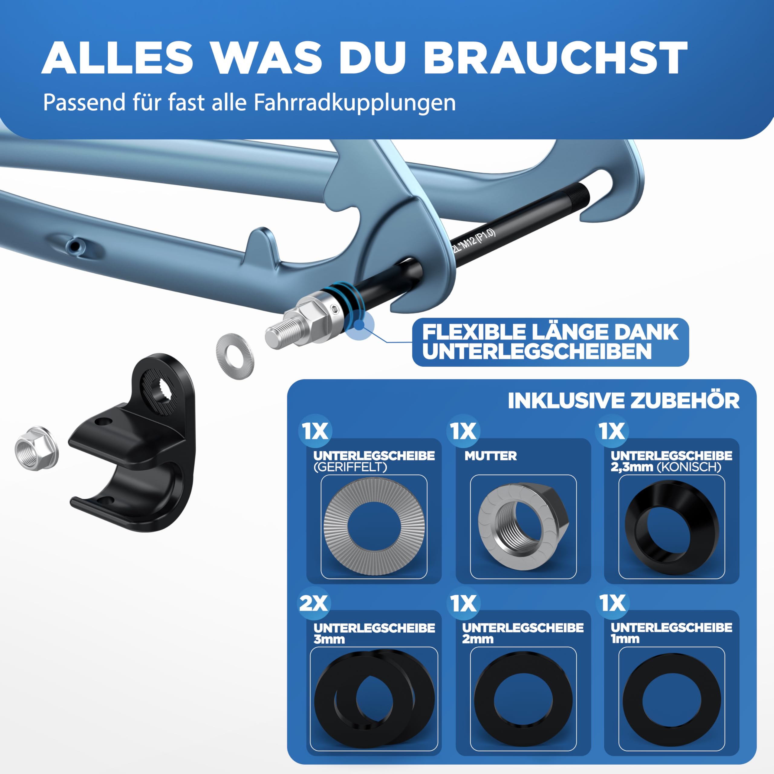 Fahrradanhänger Steckachse M12 x 1,0 mit Adapter, verschiedene Längen