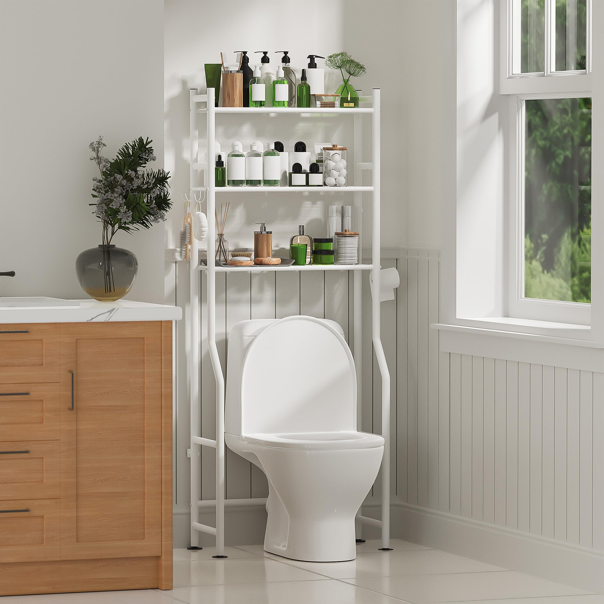 Almacenamiento de 3 niveles sobre el inodoro con soporte para papel, organizadores de baño de metal y almacenamiento para espacios pequeños, estantes de baño independientes con 4 ganchos 8