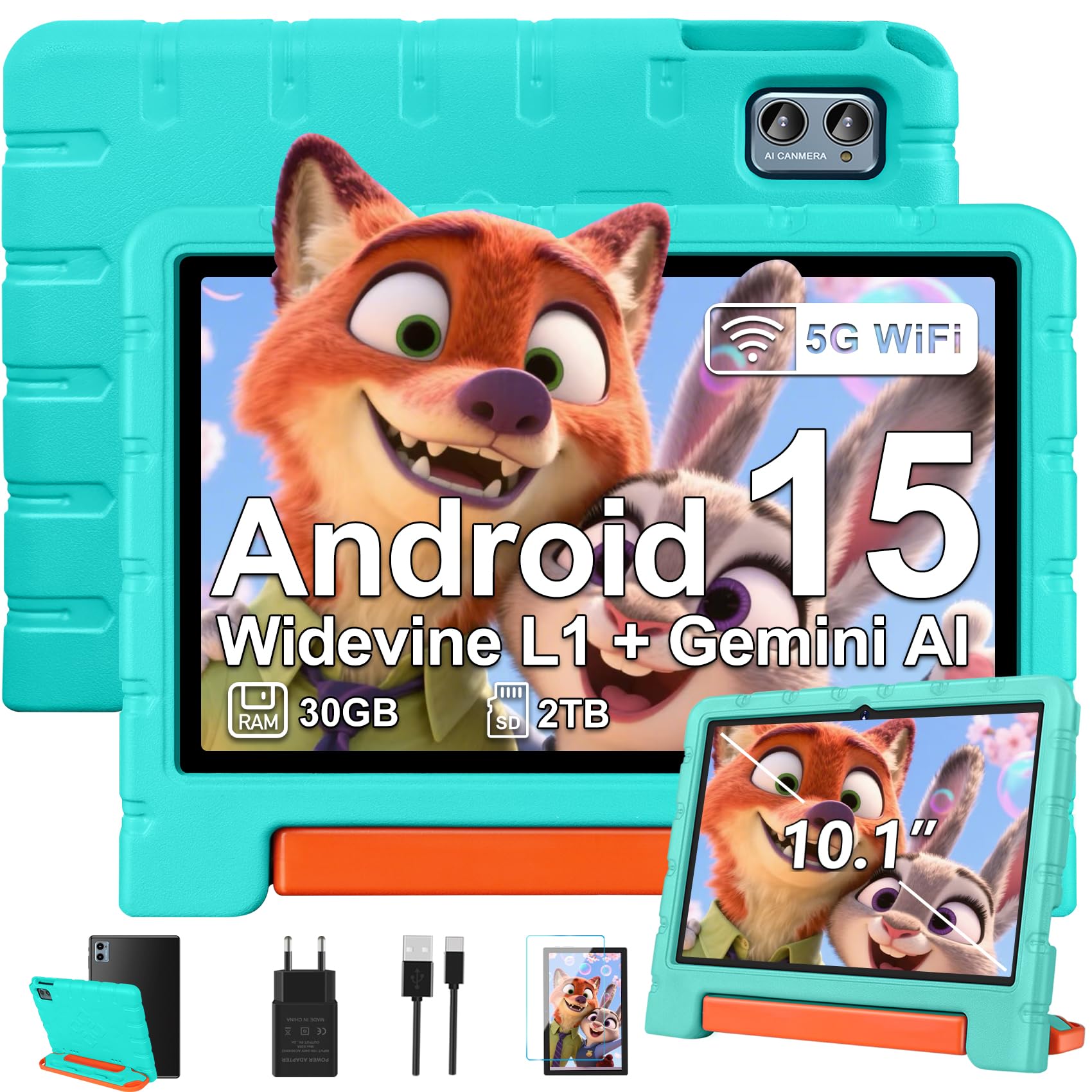 ZIOVO Tablet Bambini 10 Pollici Tablets Android 15, 30GB RAM+64GB ROM(TF 2TB), 5G WiFi Tablets,Gemini AI/Octa-Core/Widevine L1/Face ID/Parentale Controllo/6000 mAh/BT 5.0, Tablet con Eva Caso-Verde