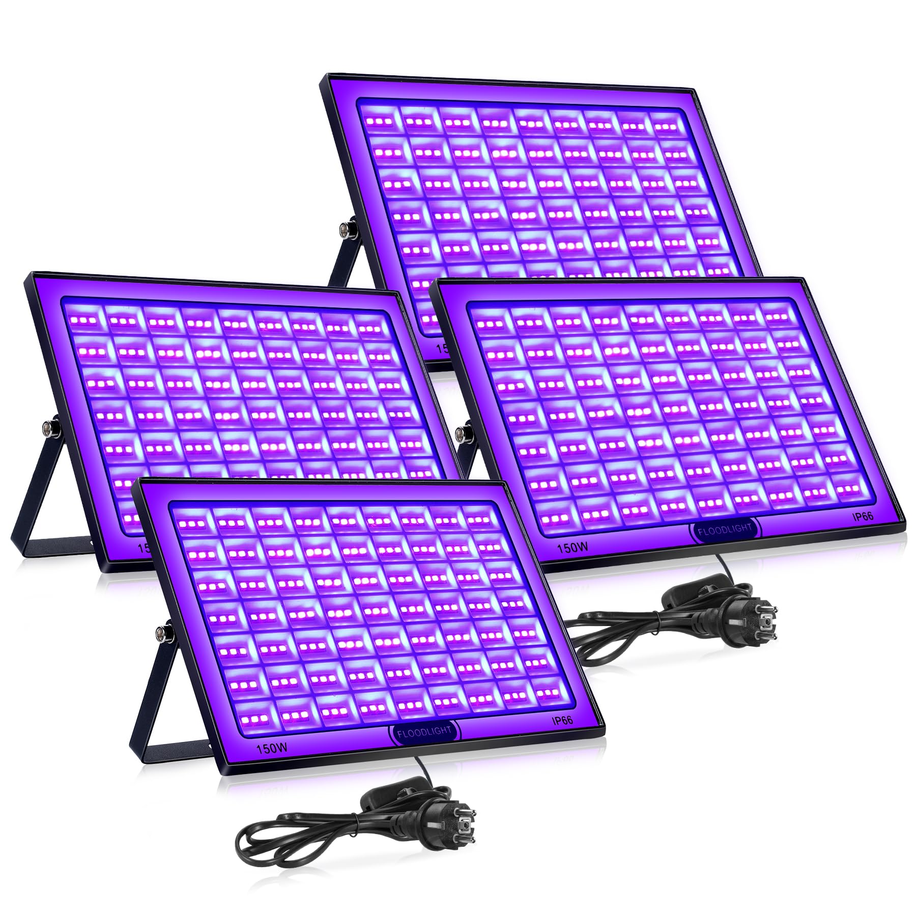4 Stück 150W UV Schwarzlicht LED Strahler IP66 Wasserdichte Blacklight für Party Halloween Deko