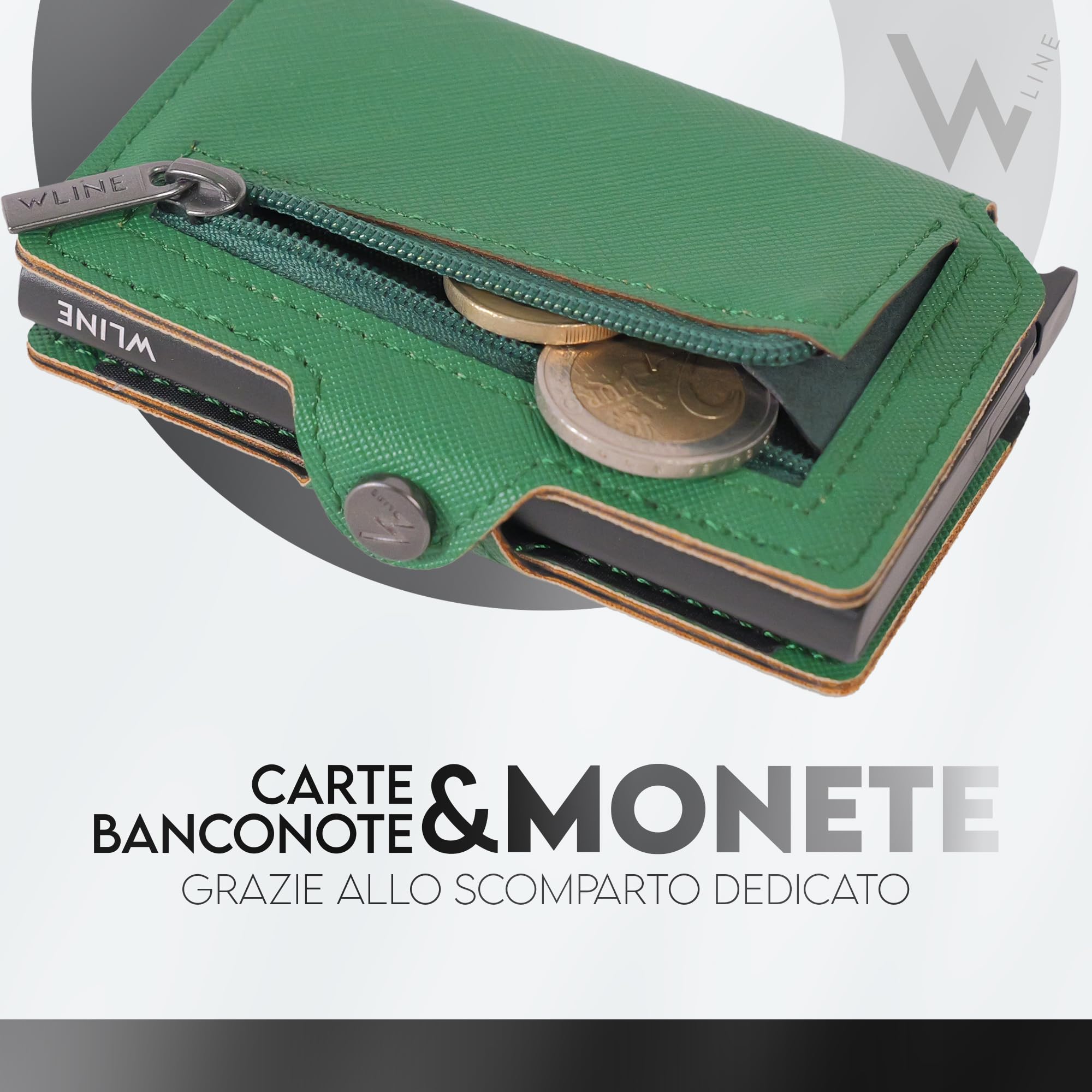 WLine Portafoglio Uomo Slim con Portamonete Rfid Compatto ed Elegante - Porta Carte di Credito Uomo e Donna Schermato in Pelle PU - Portatessere Uomo Tascabile (Verde e Nero Saffiano, Con Zip)